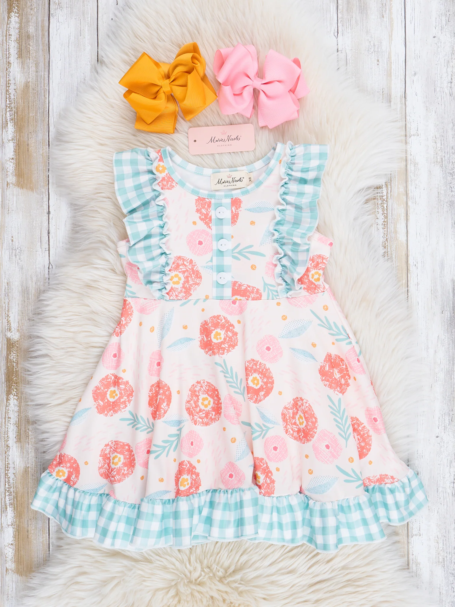 Pink & Teal Gingham Blooms Ruffle Dress - Image 3