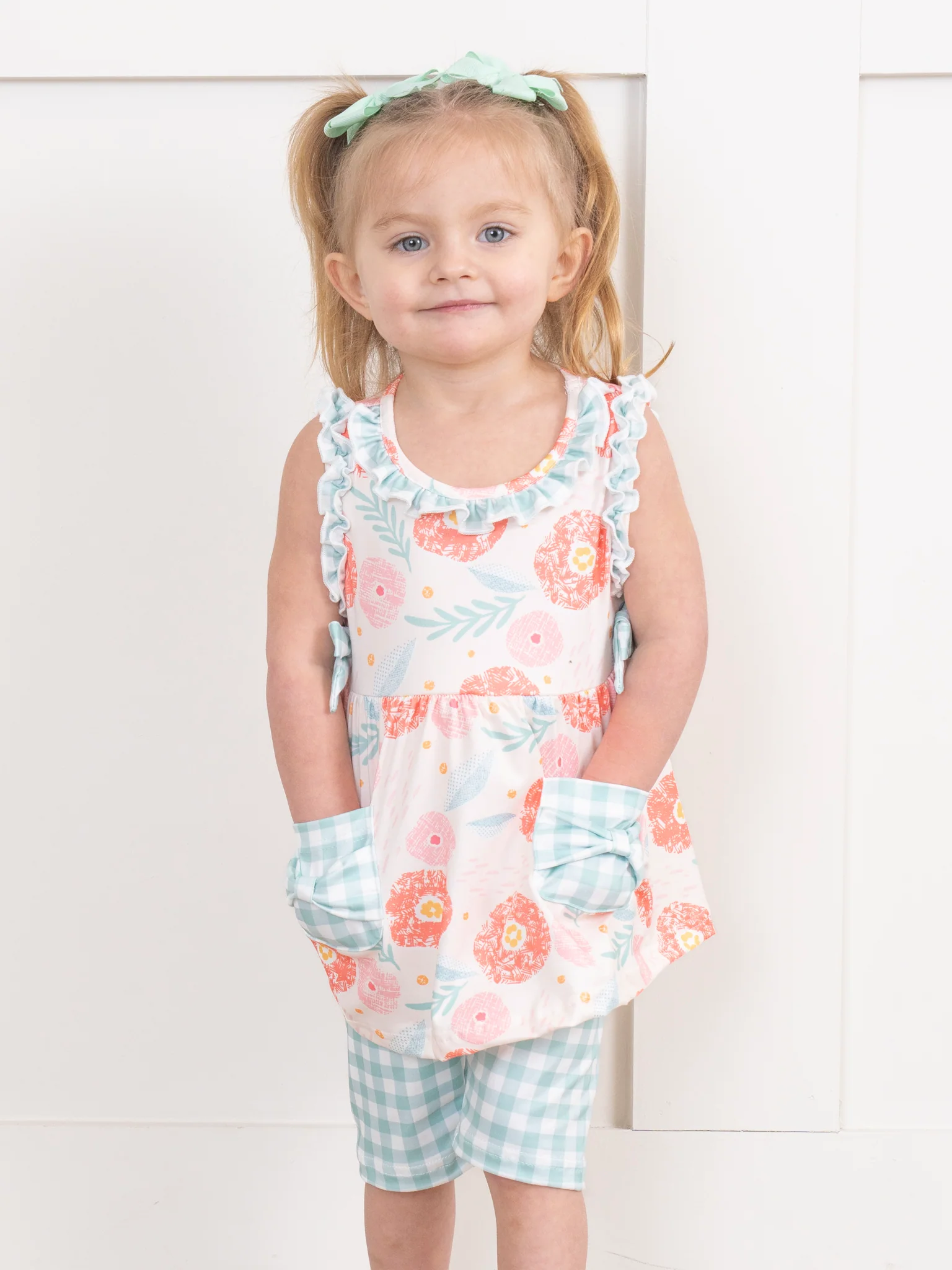 Pink & Teal Gingham Blooms Ruffle Outfit
