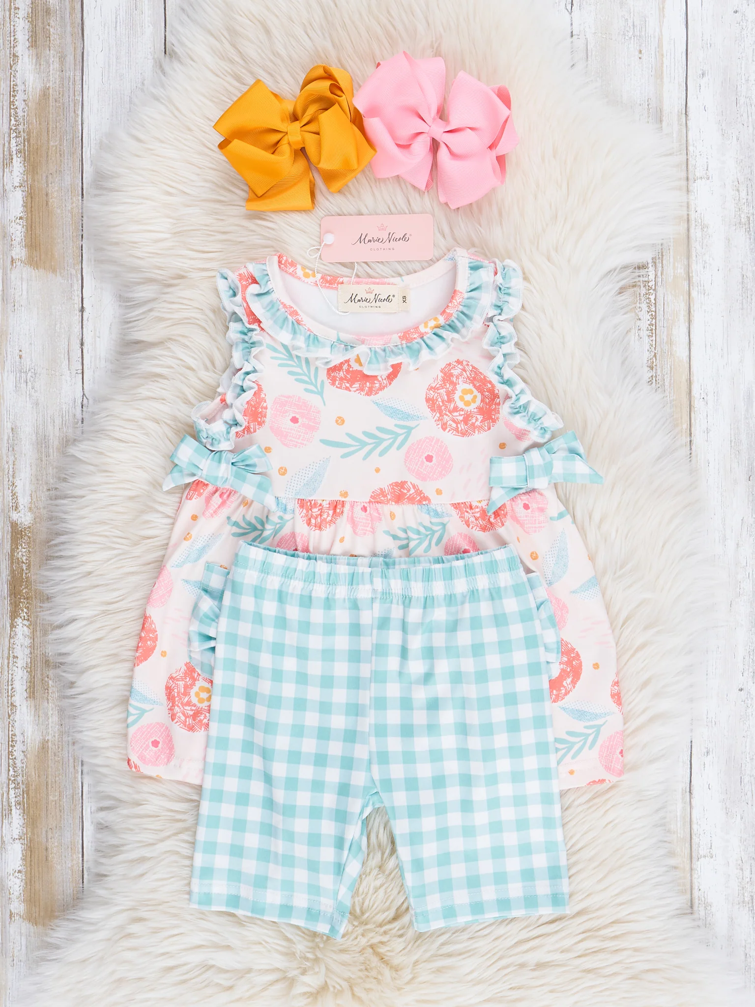 Pink & Teal Gingham Blooms Ruffle Outfit - Image 3