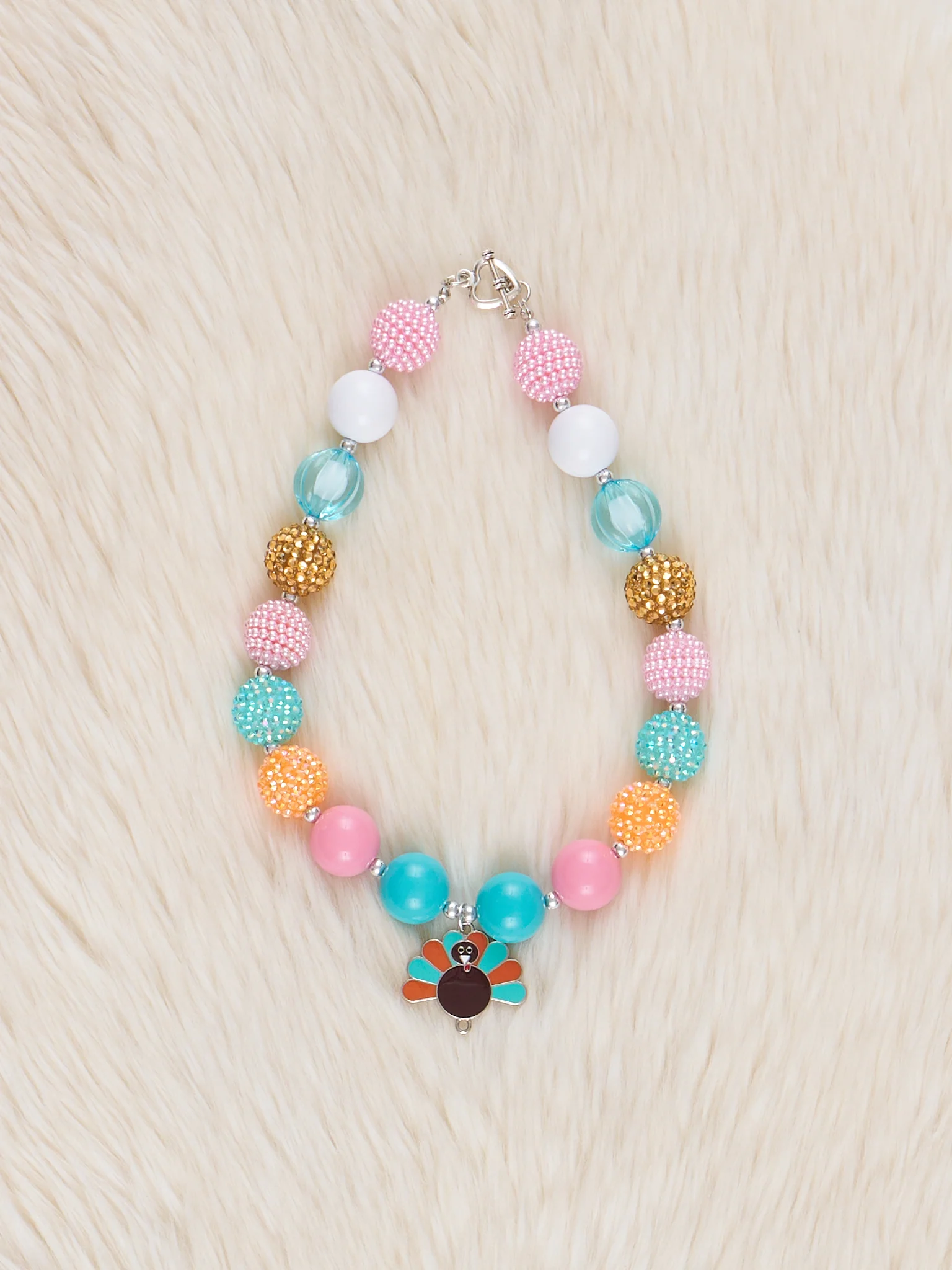Pink & Teal Turkey Sparkle Bubblegum Necklace
