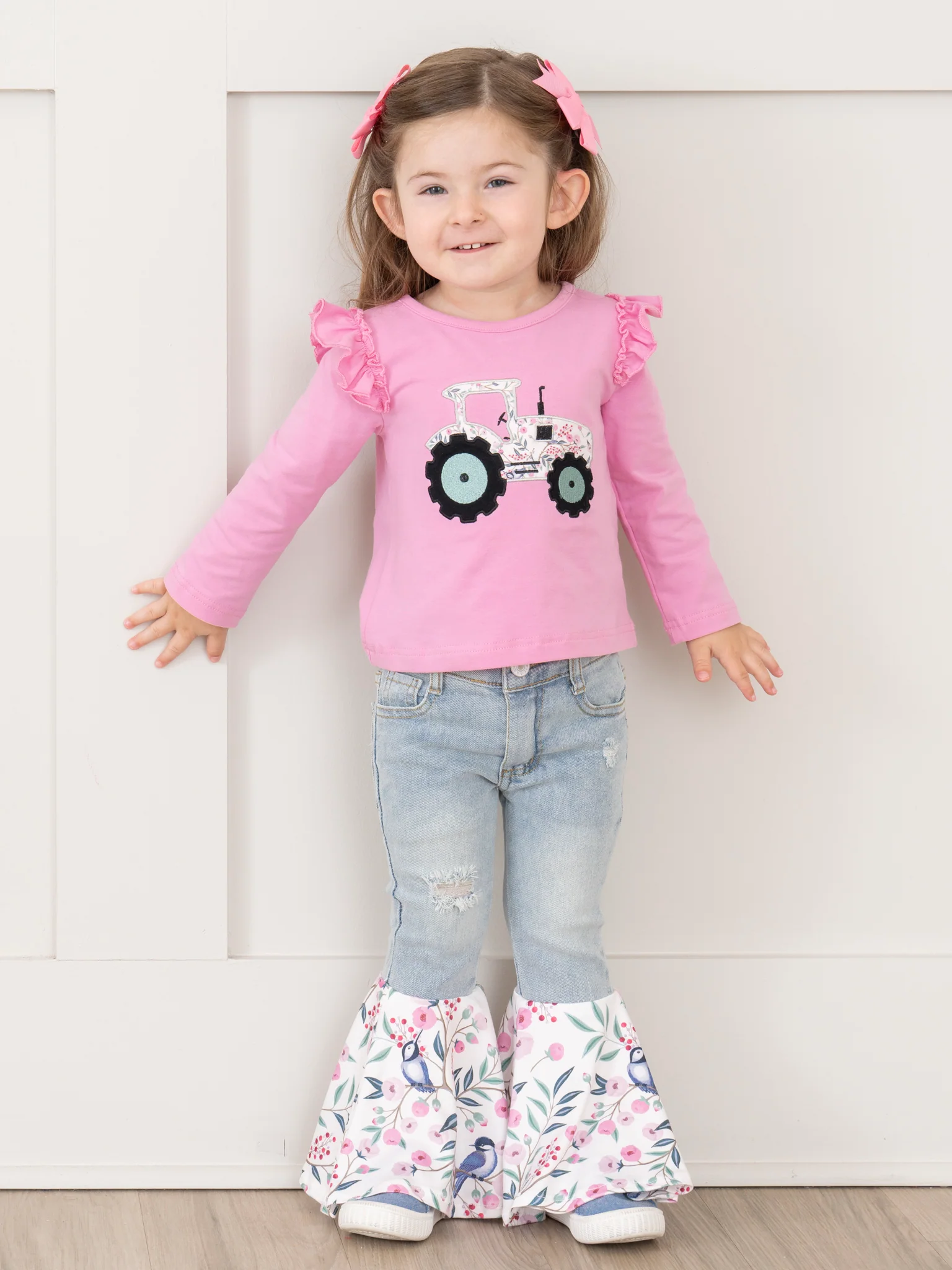 Pink Tractor Blooms Denim Bell Bottoms Outfit
