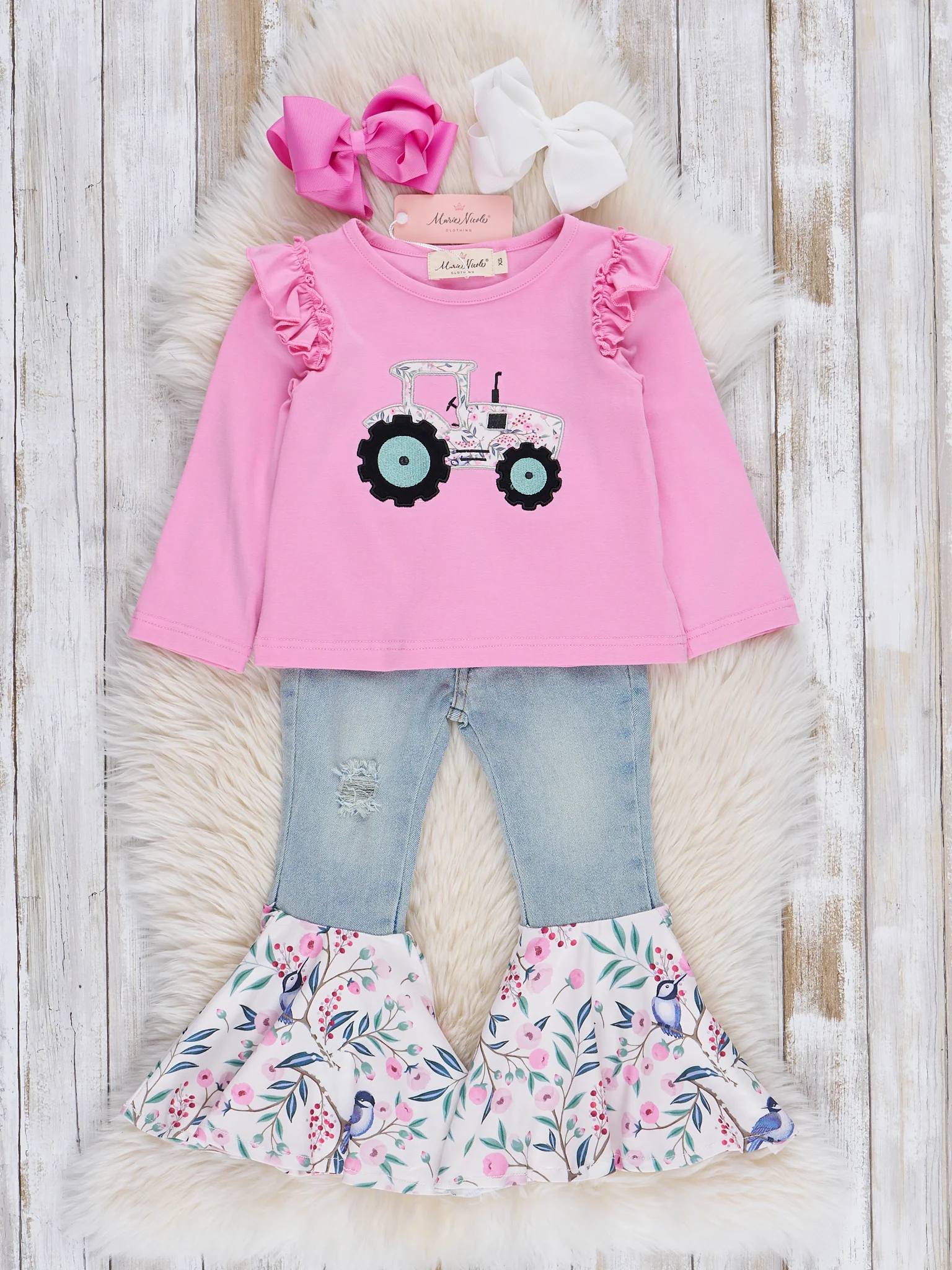 Pink Tractor Blooms Denim Bell Bottoms Outfit - Image 2