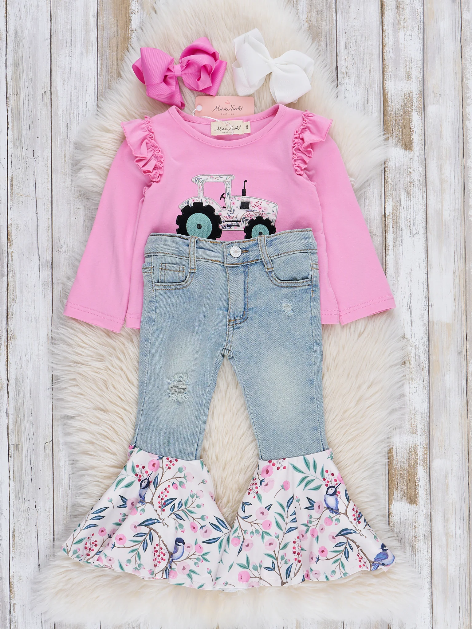 Pink Tractor Blooms Denim Bell Bottoms Outfit - Image 3