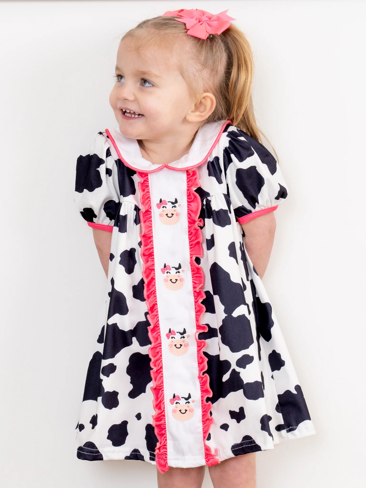 Pink Trim Cow Time Ruffle Dress - Image 3