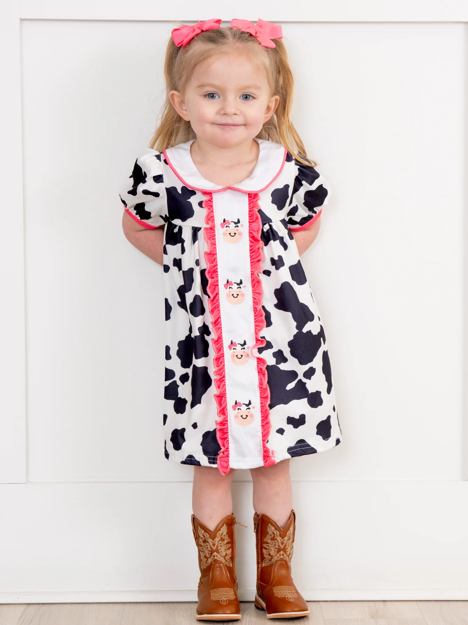 Pink Trim Cow Time Ruffle Dress - Image 4