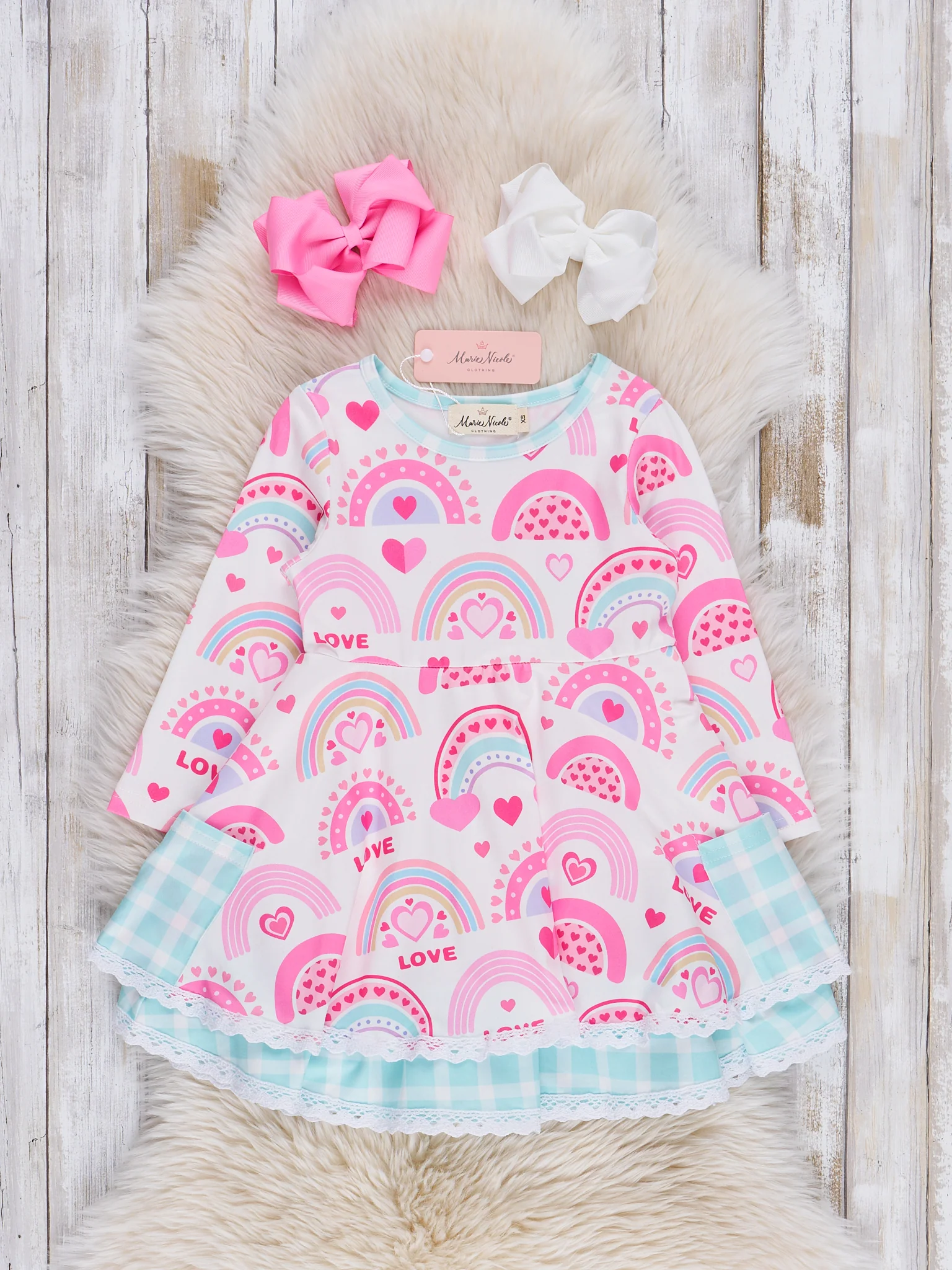 Pink & Turquoise Rainbow Hearts Ruffle Dress