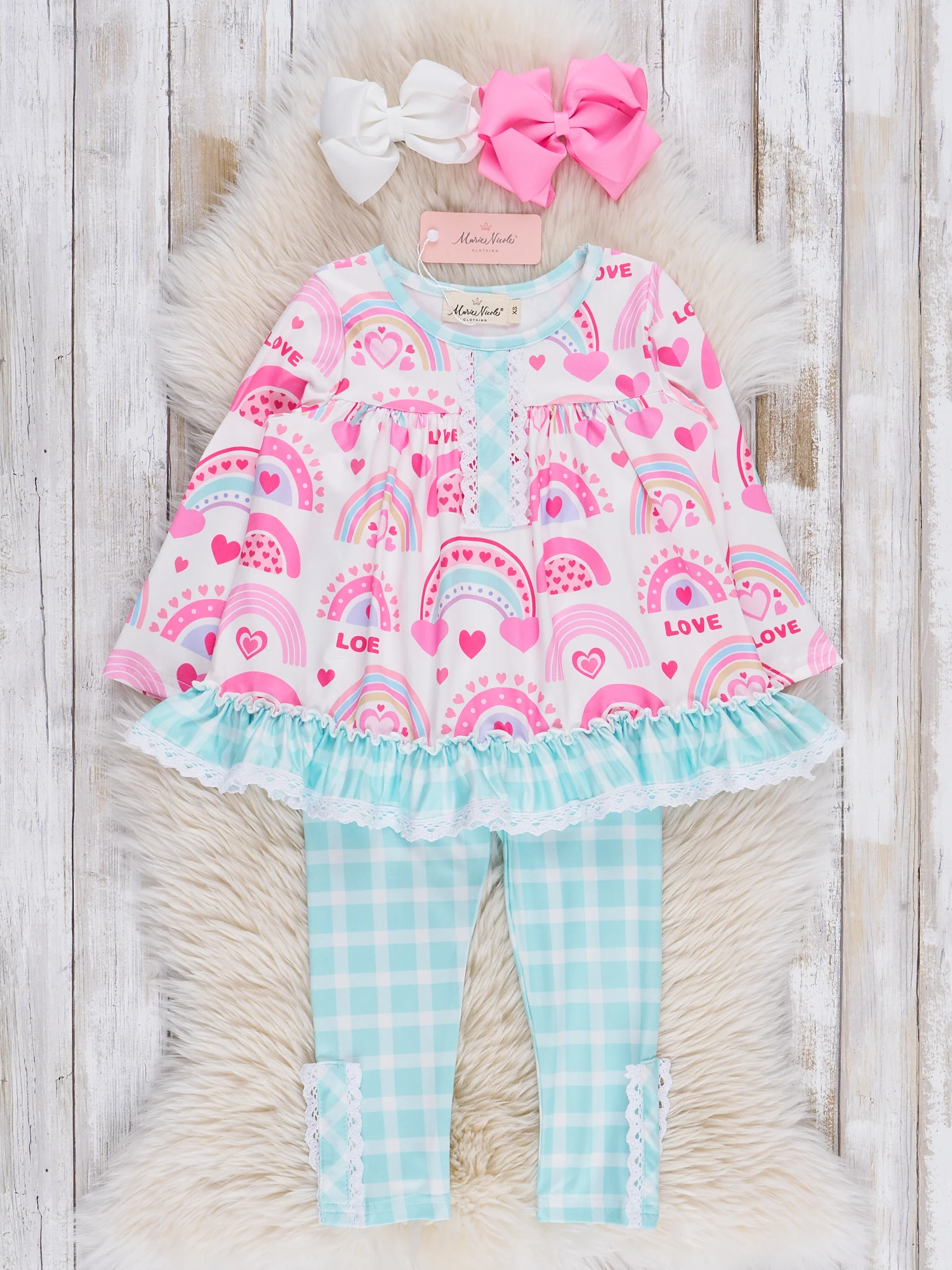 Pink & Turquoise Rainbow Hearts Ruffle Outfit