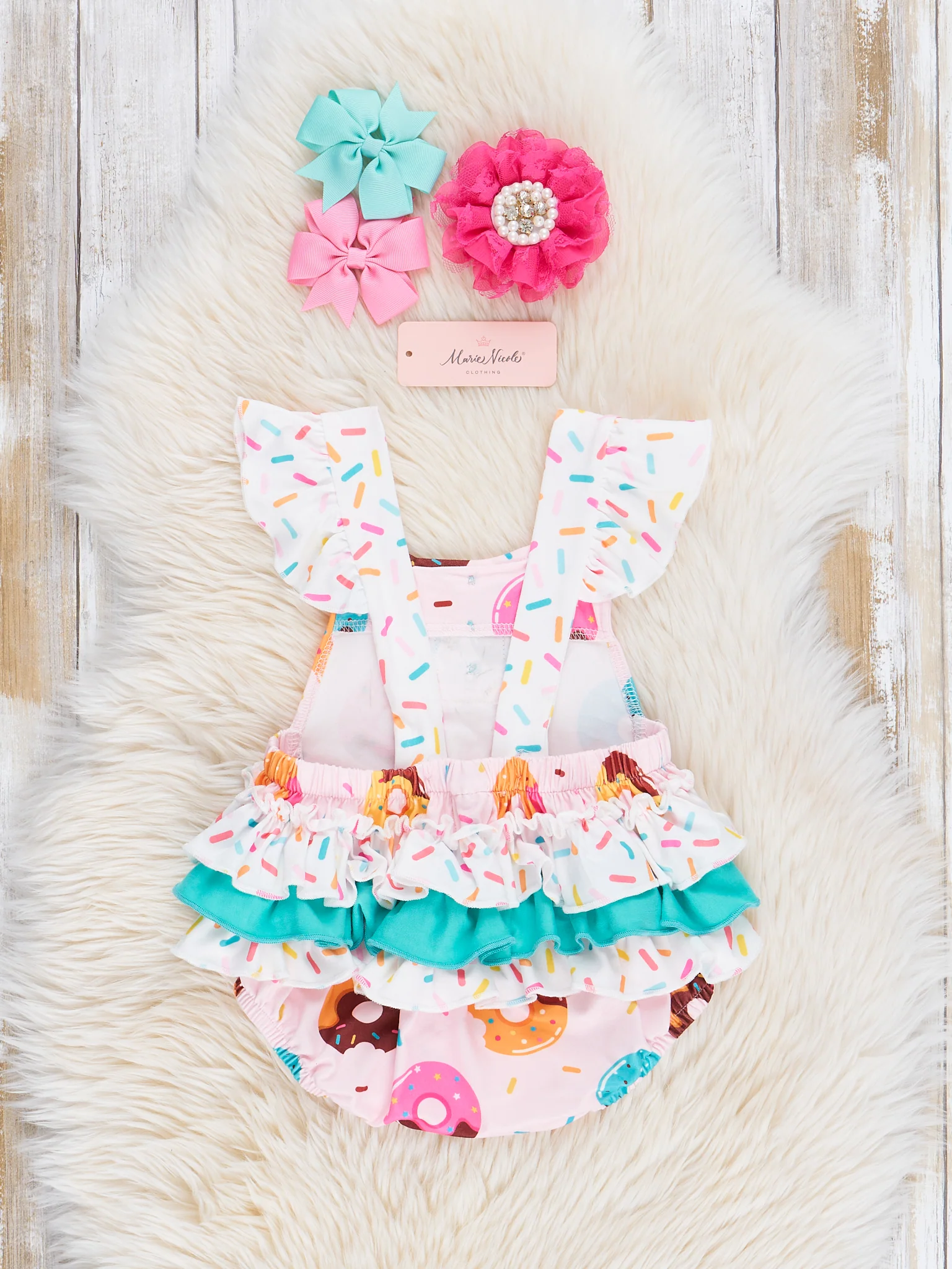 Pink & Turquoise Sprinkle Donuts Ruffle Bubble Romper - Image 2