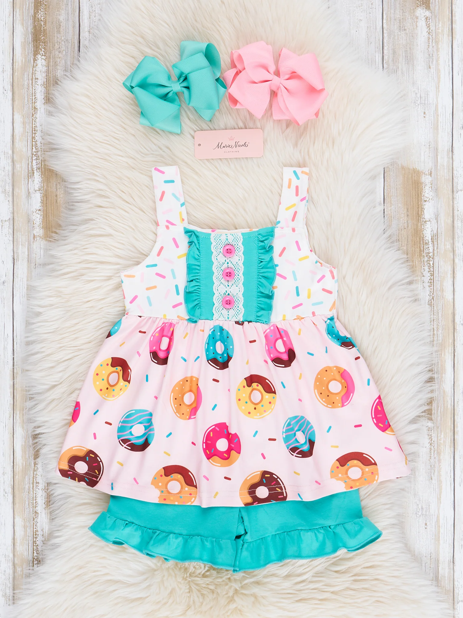 Pink & Turquoise Sprinkle Donuts Ruffle Outfit - Image 2