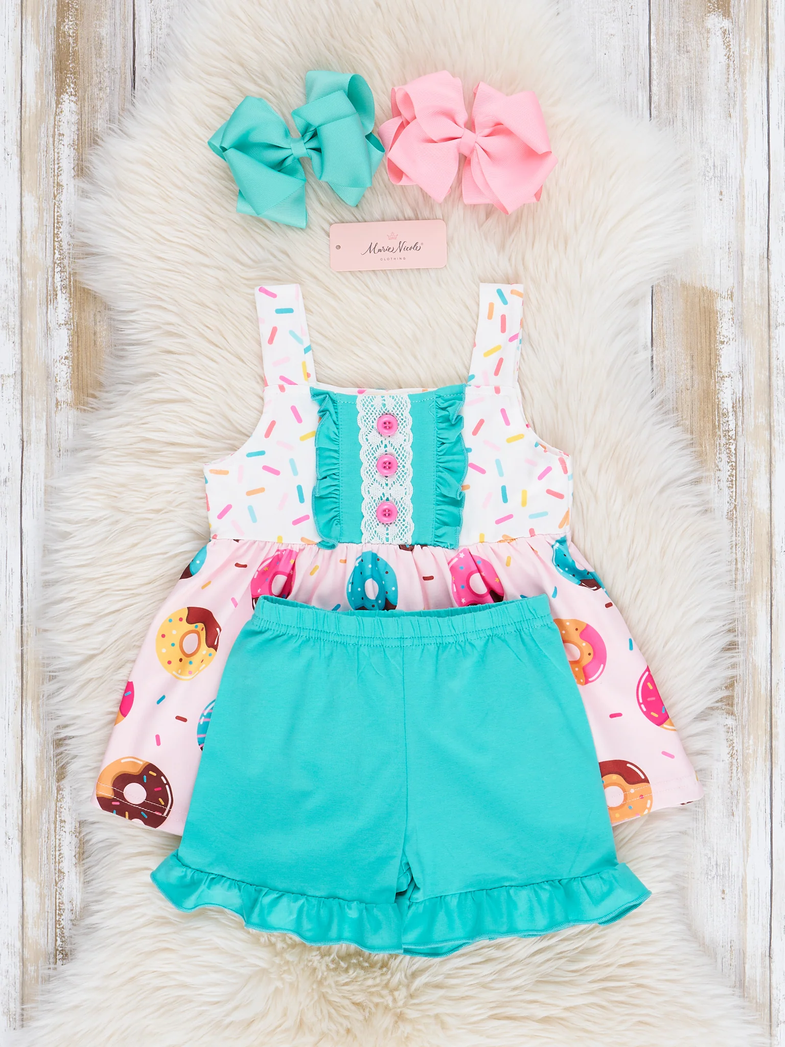 Pink & Turquoise Sprinkle Donuts Ruffle Outfit - Image 3
