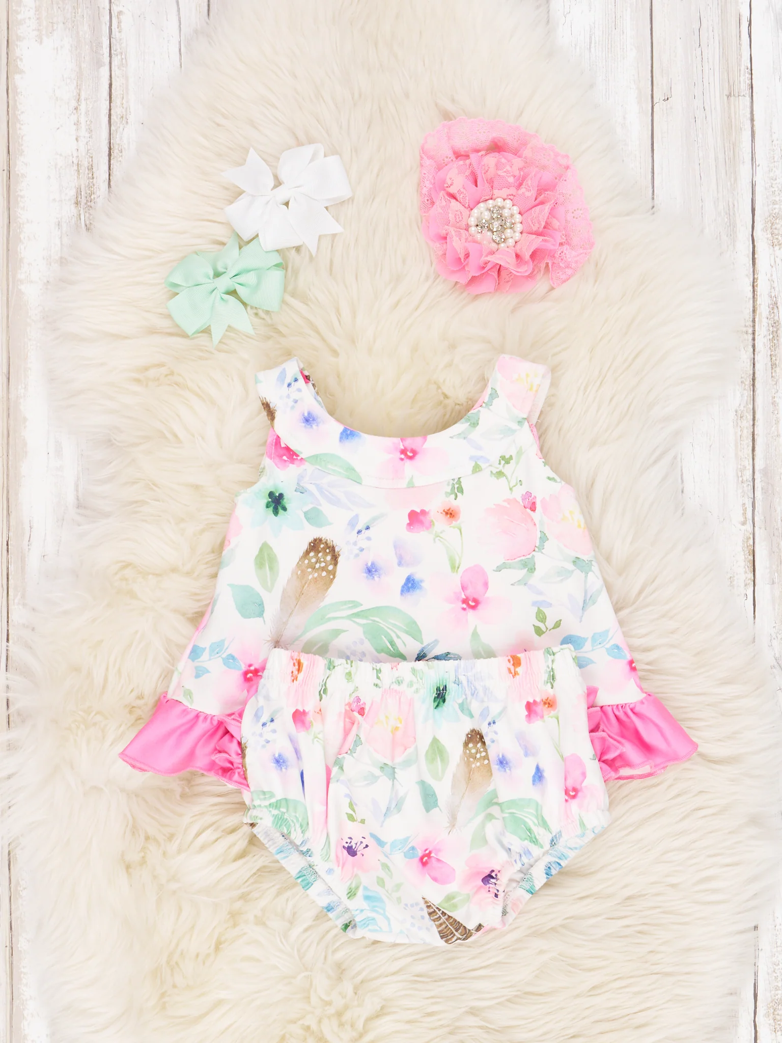 Pink Watercolor Floral Ruffle Bloomers Outfit - Image 2