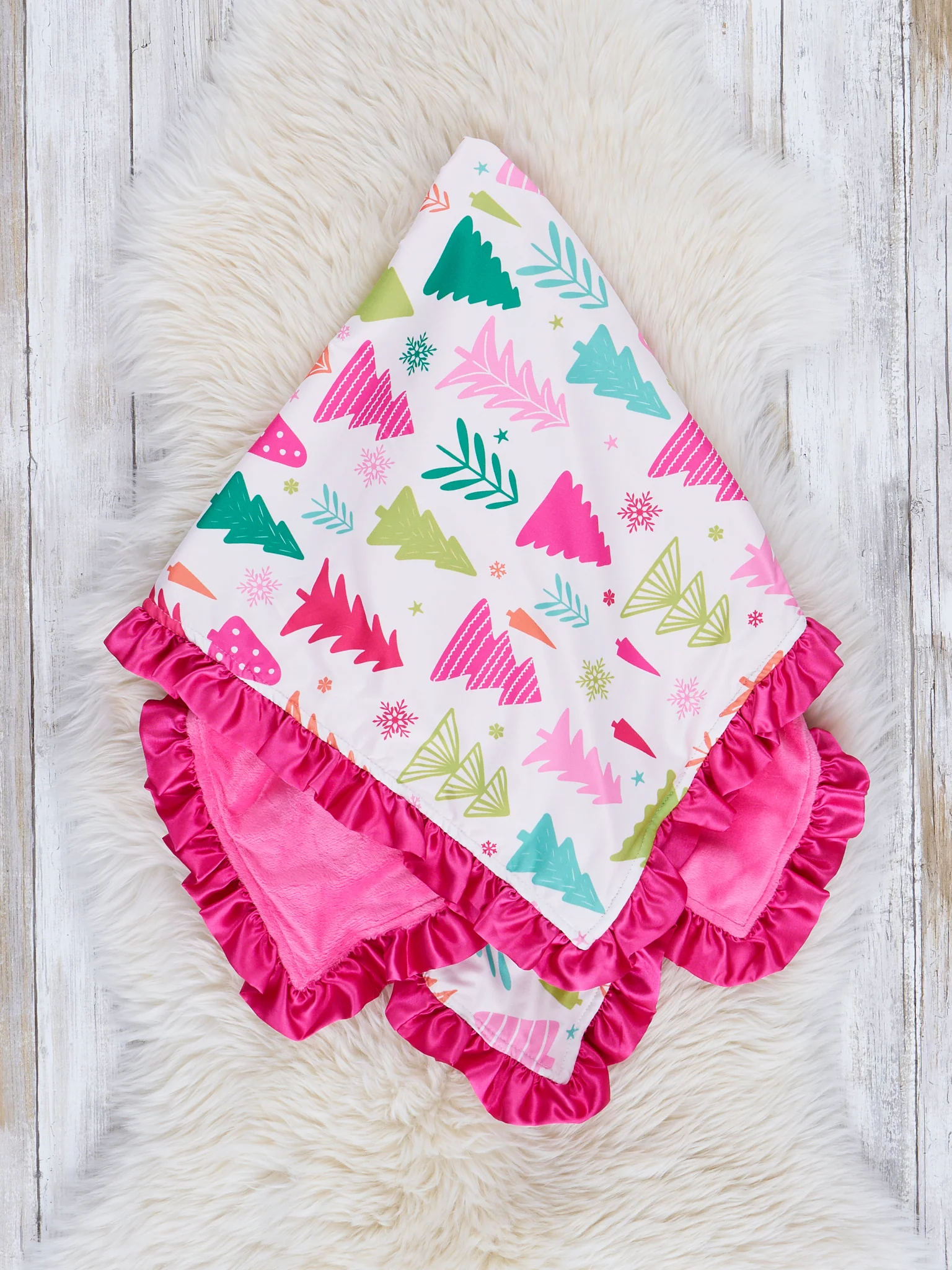Pink Whimsy Trees Ruffle Minky Blanket
