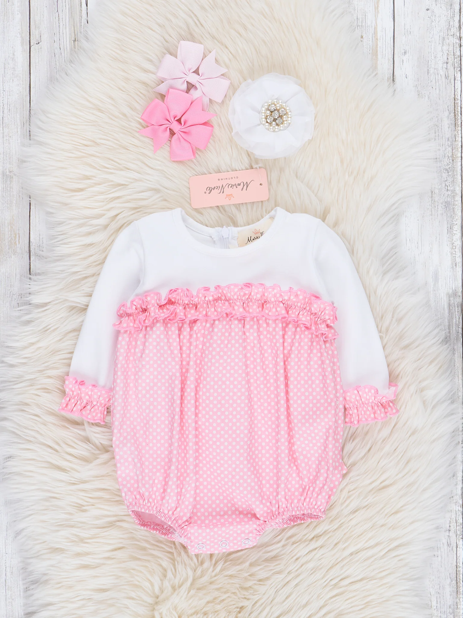 Pink & White Polka Dot Bow Back Bubble Romper
