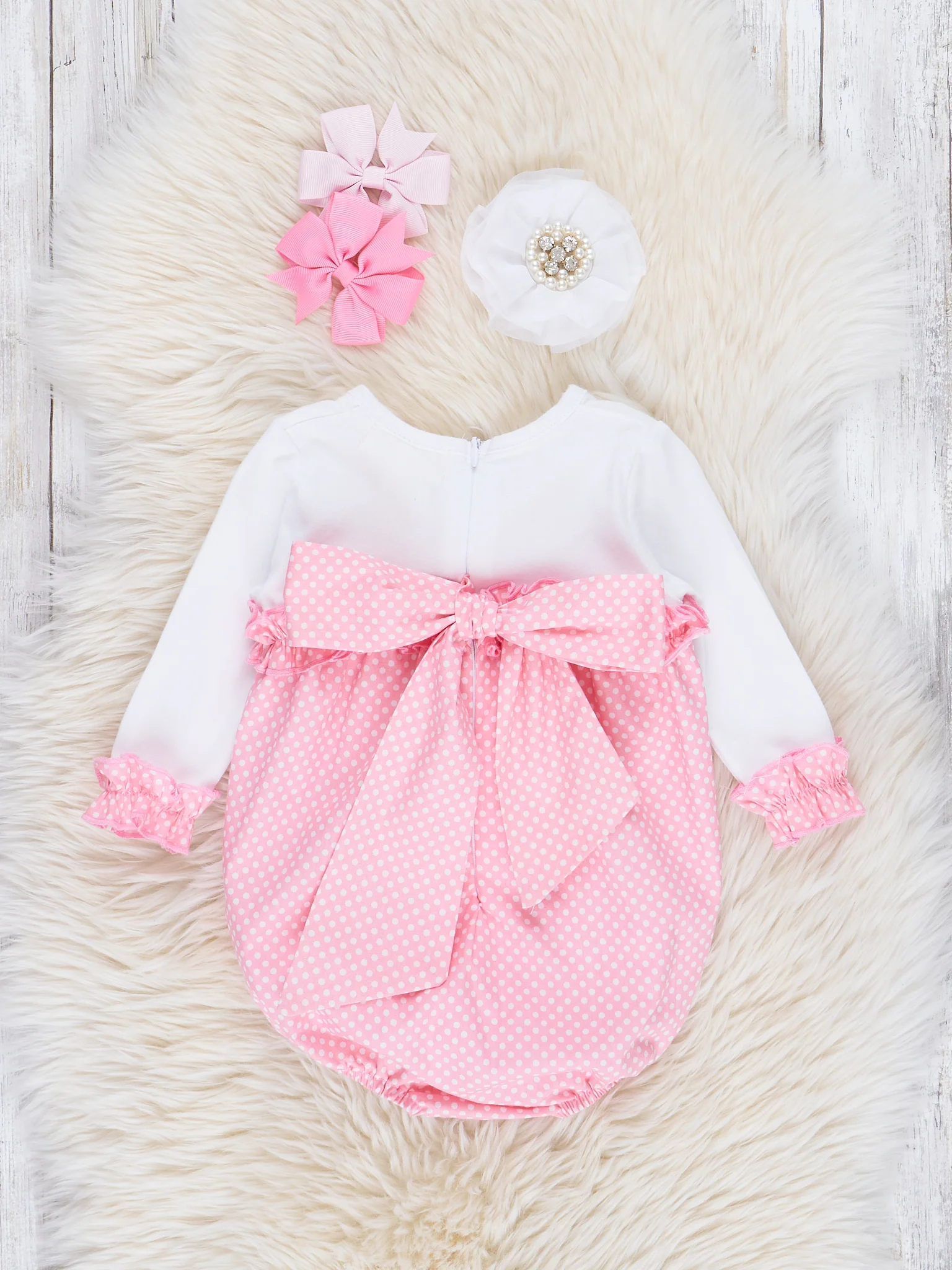 Pink & White Polka Dot Bow Back Bubble Romper - Image 2