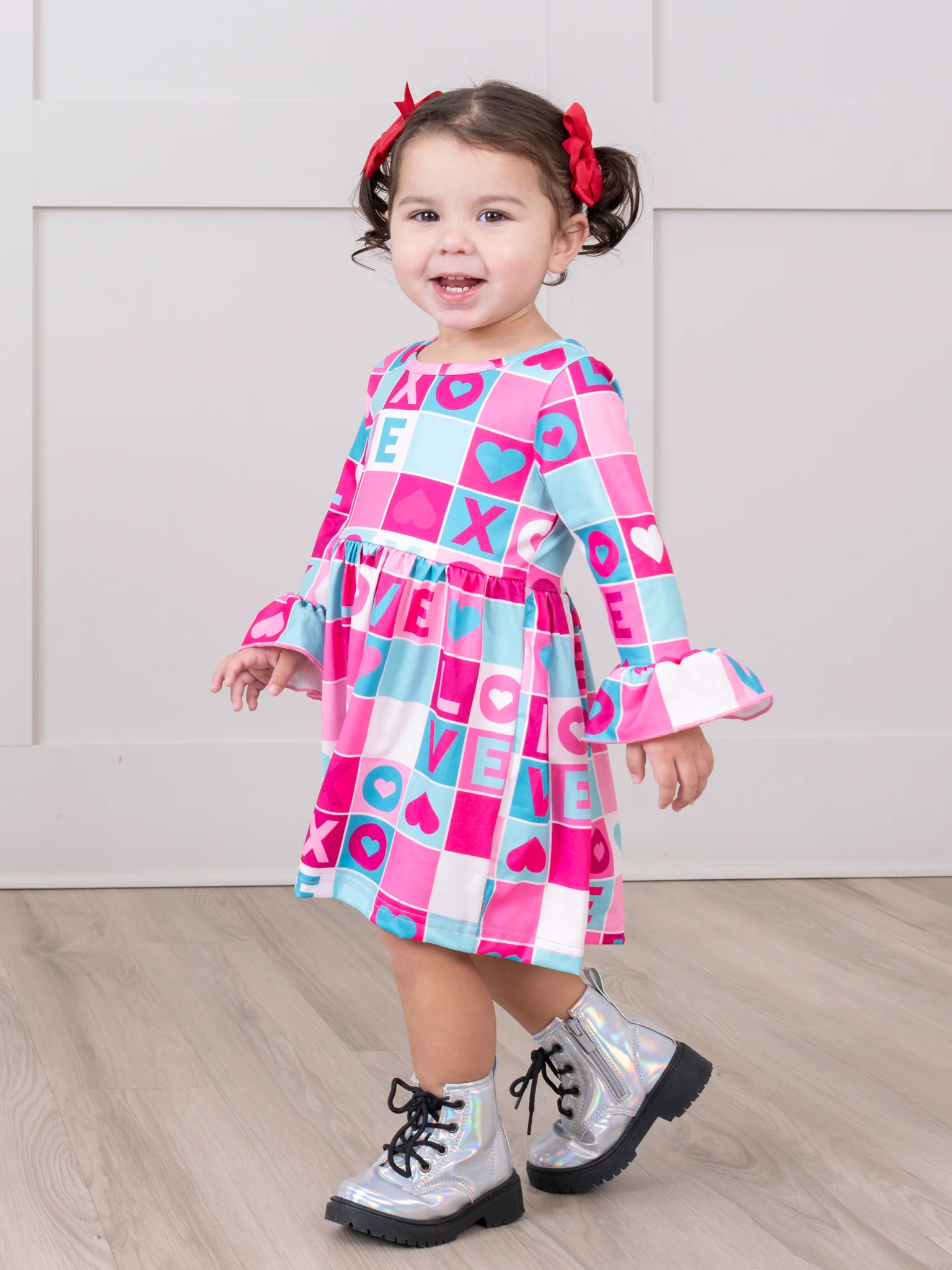 Pink XOXO Valentine Party Bell Sleeve Dress - Image 3