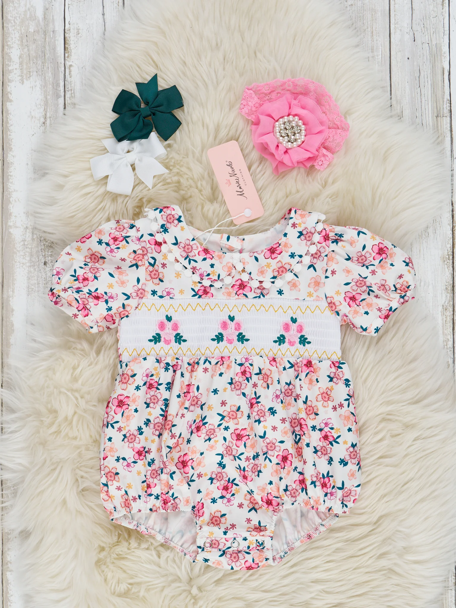 Pink & Yellow Ditsy Flower Smocked Bubble Romper