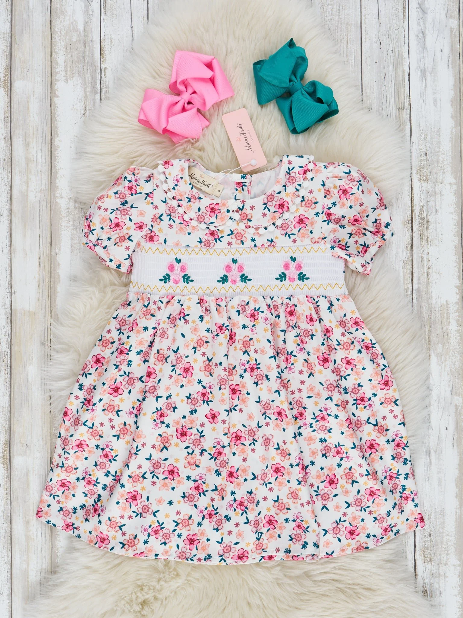 Pink & Yellow Ditsy Flower Smocked Dress