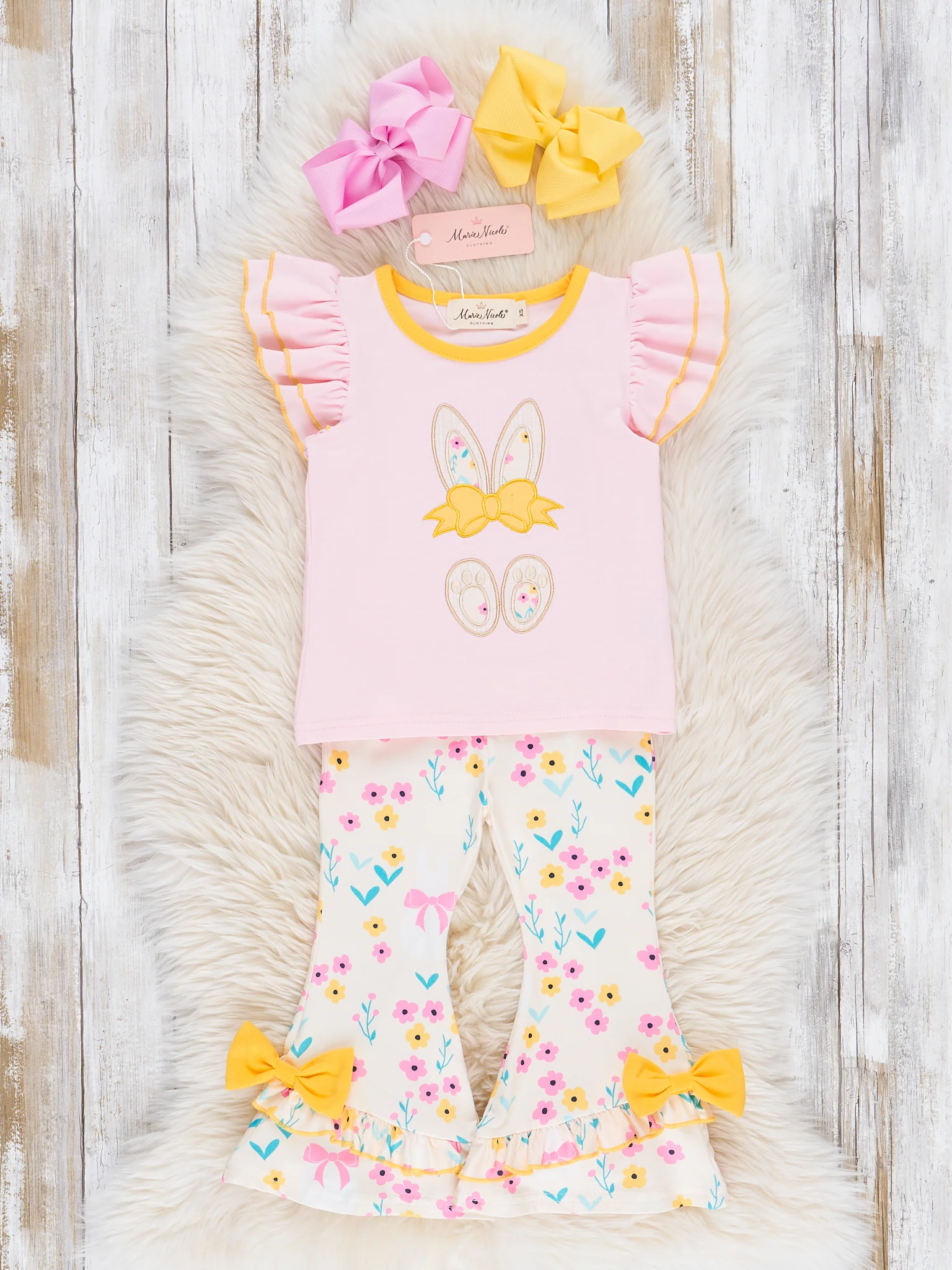 Pink & Yellow Embroidered Floral Bunny Ruffle Outfit - Image 2