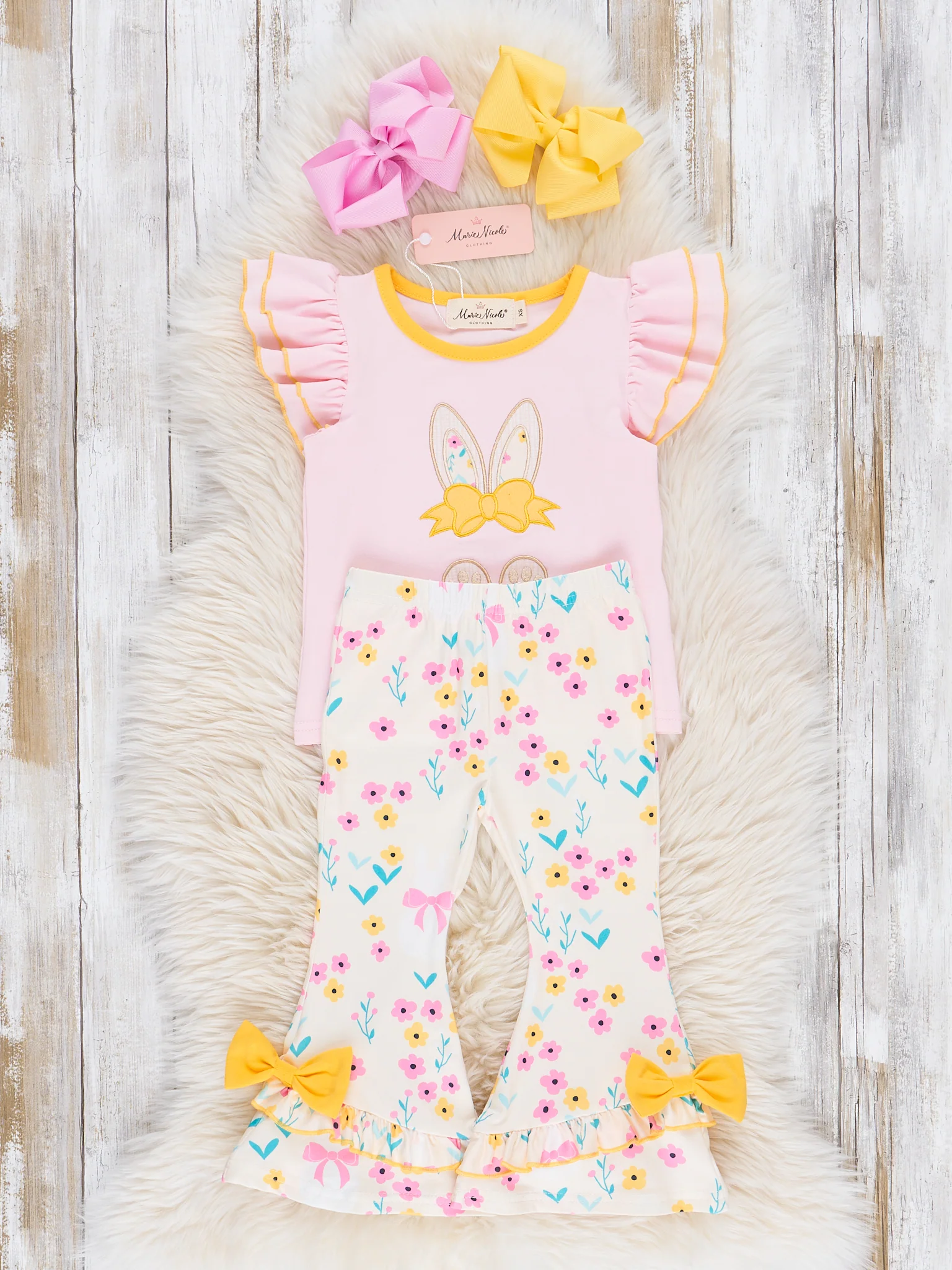 Pink & Yellow Embroidered Floral Bunny Ruffle Outfit - Image 3