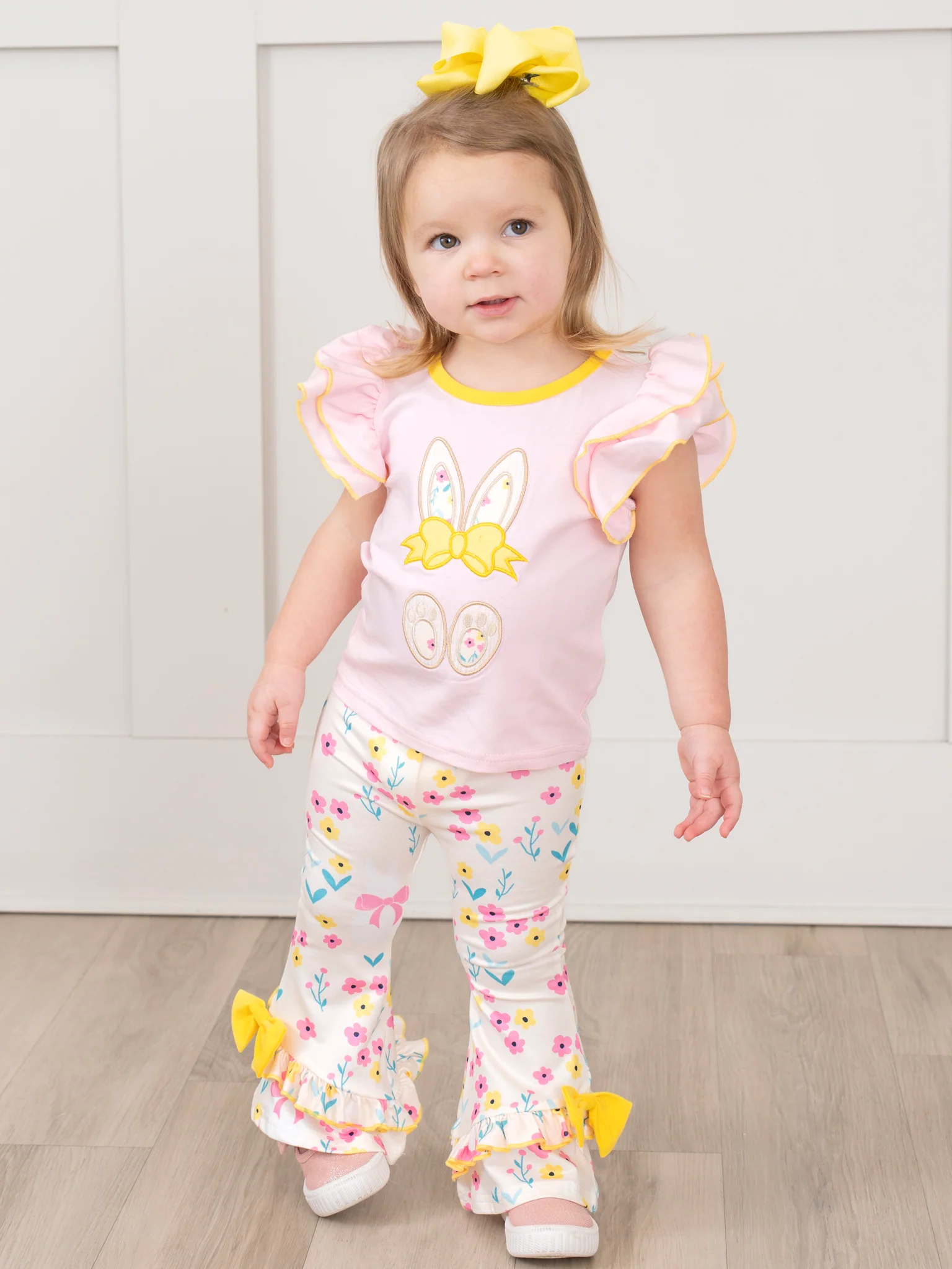 Pink & Yellow Embroidered Floral Bunny Ruffle Outfit - Image 4