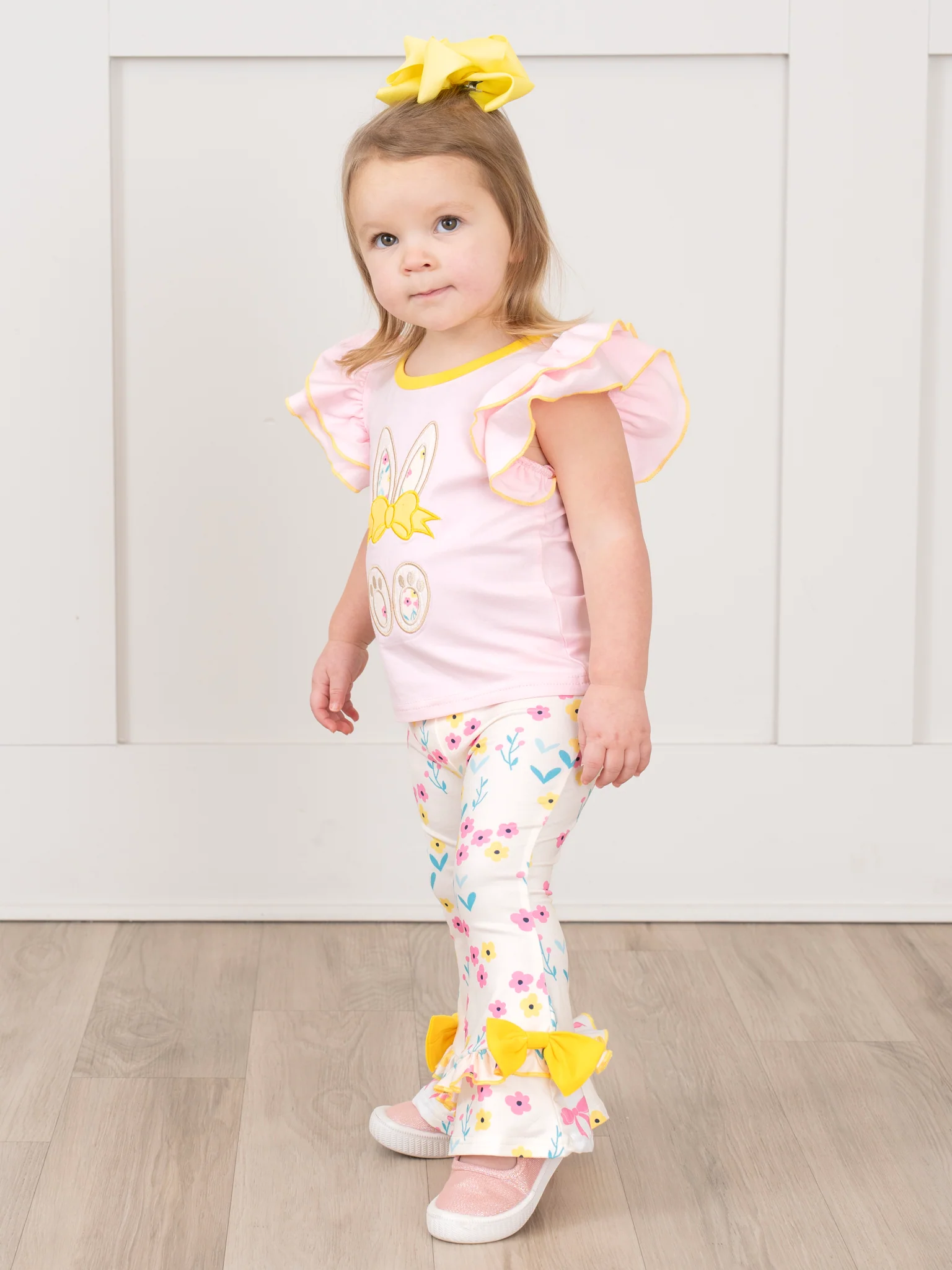 Pink & Yellow Embroidered Floral Bunny Ruffle Outfit - Image 5