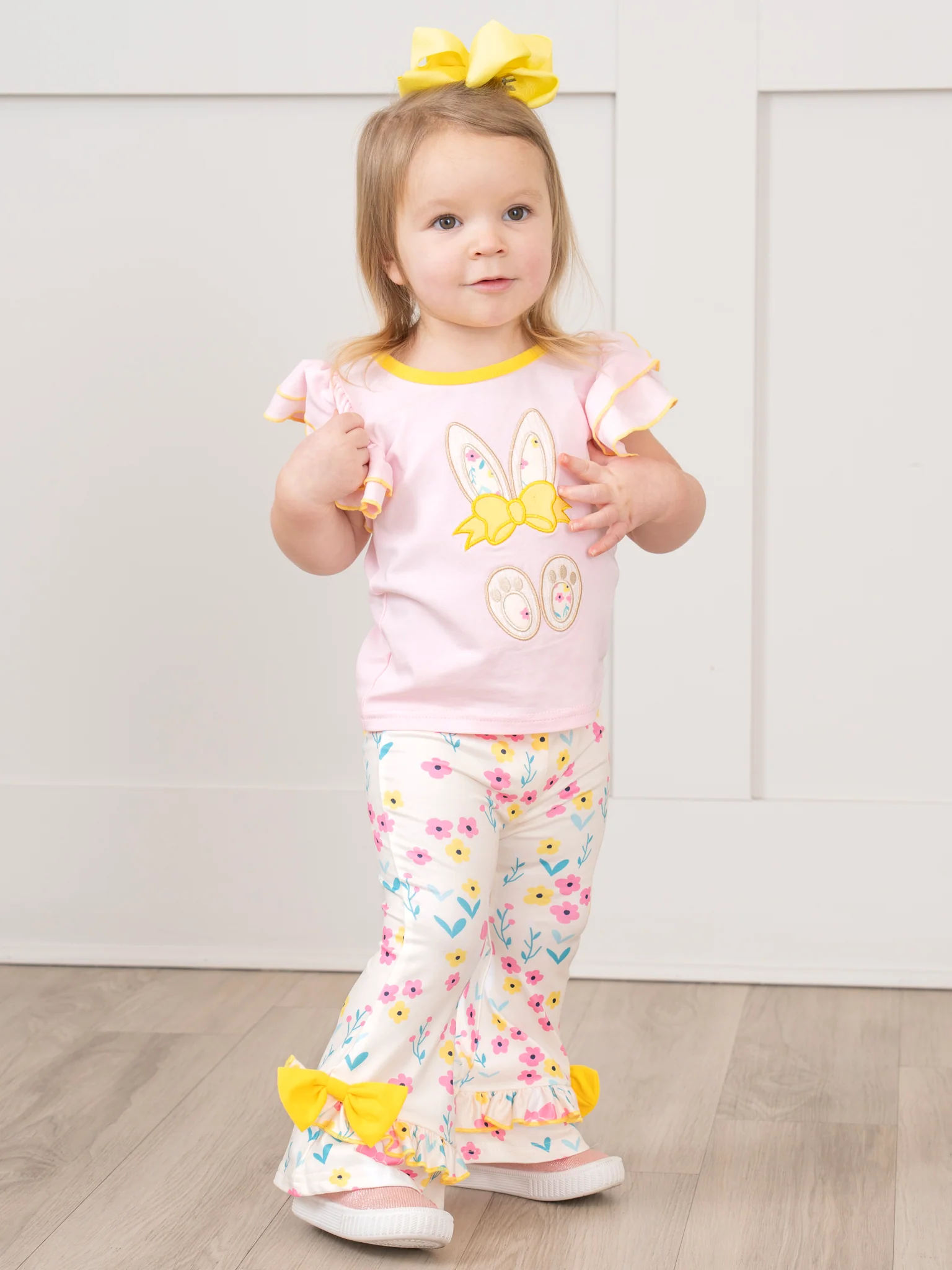 Pink & Yellow Embroidered Floral Bunny Ruffle Outfit - Image 6