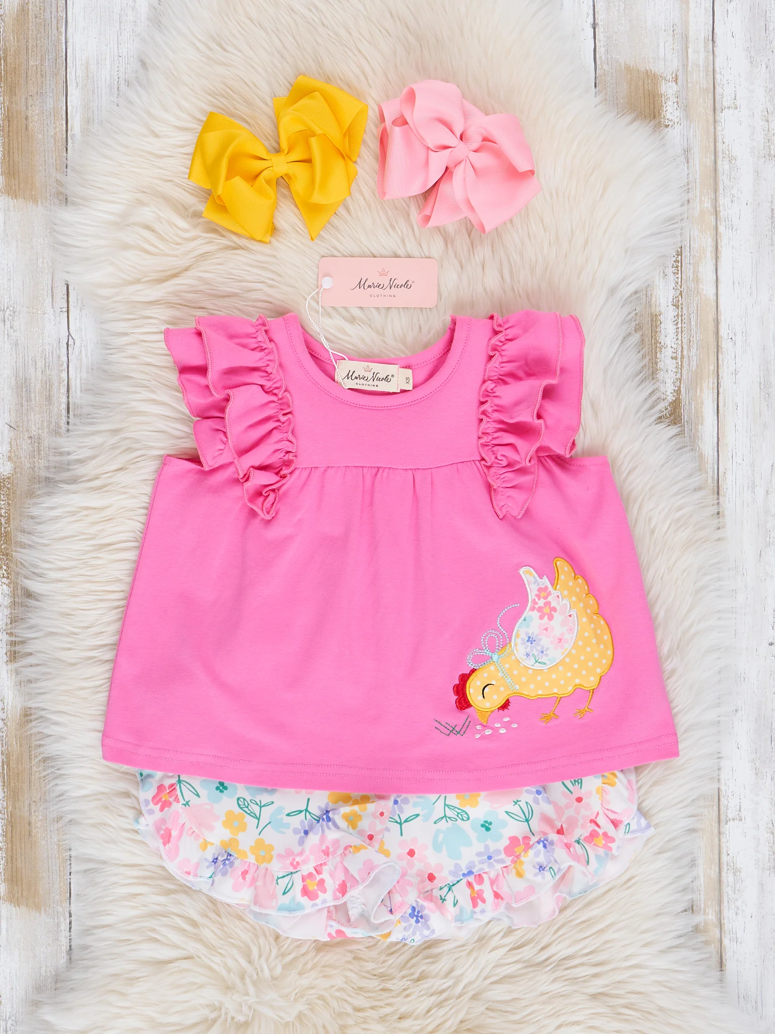 Pink & Yellow Embroidered Pecking Hen Outfit