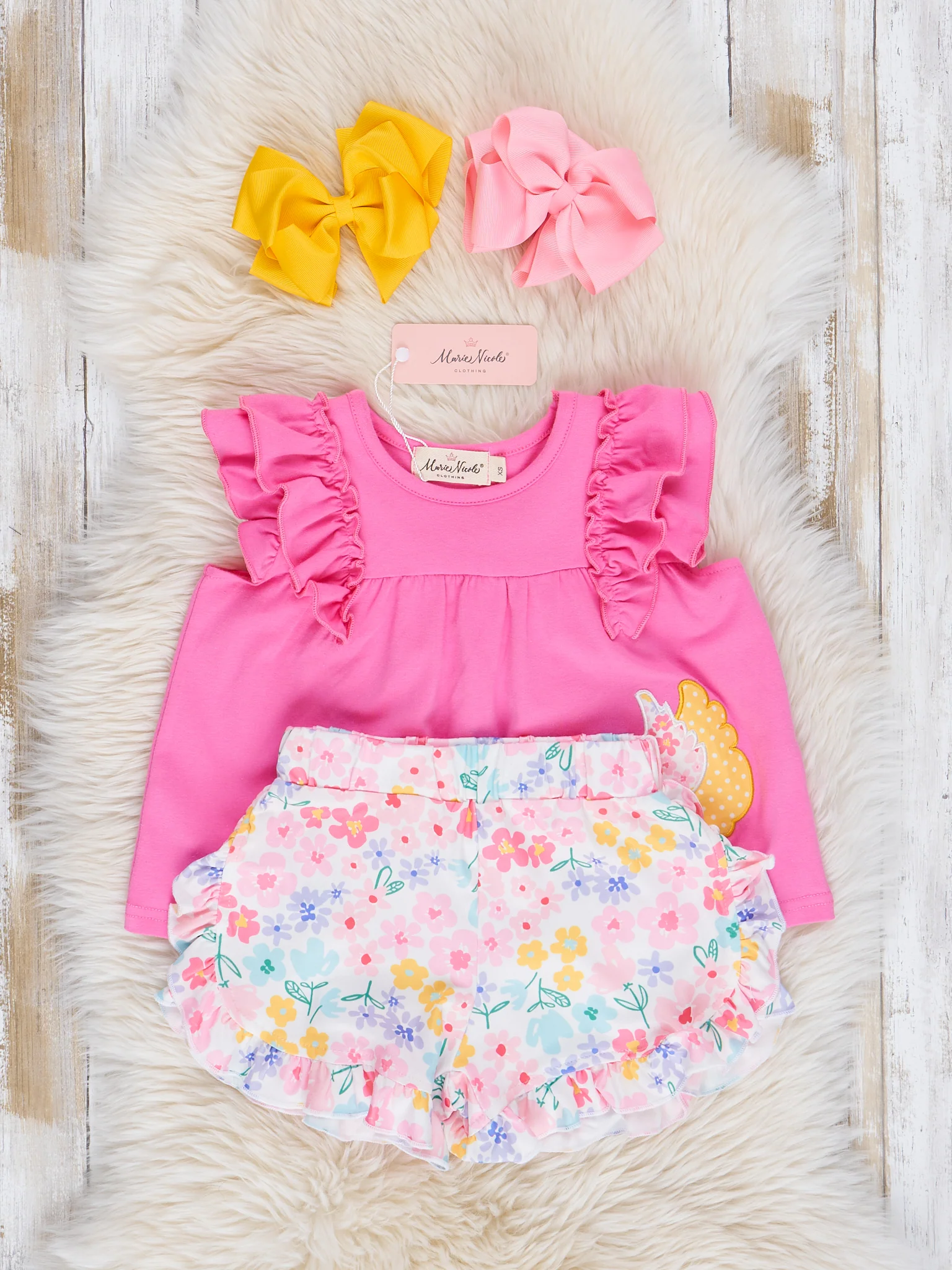 Pink & Yellow Embroidered Pecking Hen Outfit - Image 2