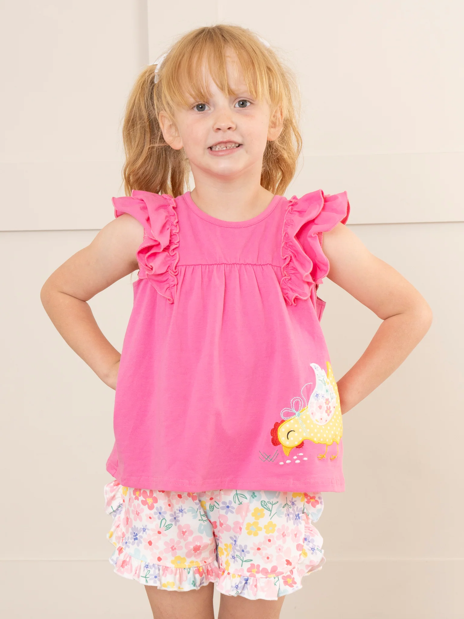 Pink & Yellow Embroidered Pecking Hen Outfit - Image 3