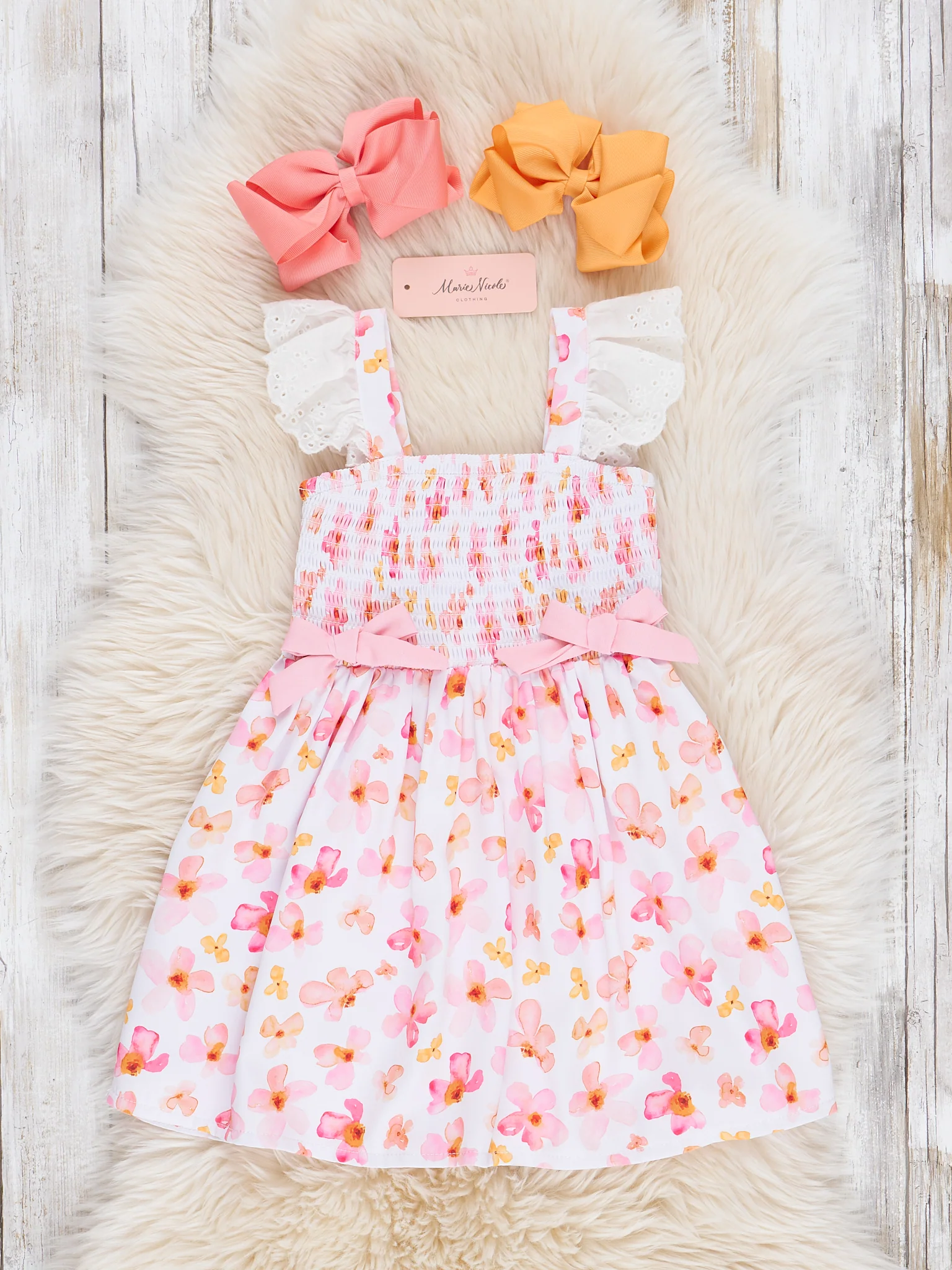 Pink & Yellow Floral Smocked Ruffle Dress - Image 2