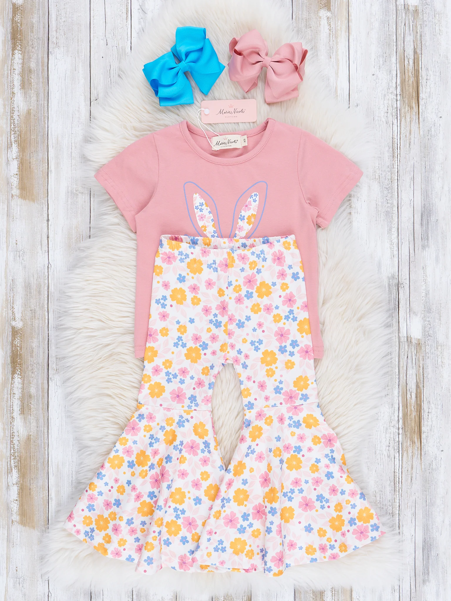 Pink & Yellow Florals Bunny Bell Bottom Outfit - Image 2
