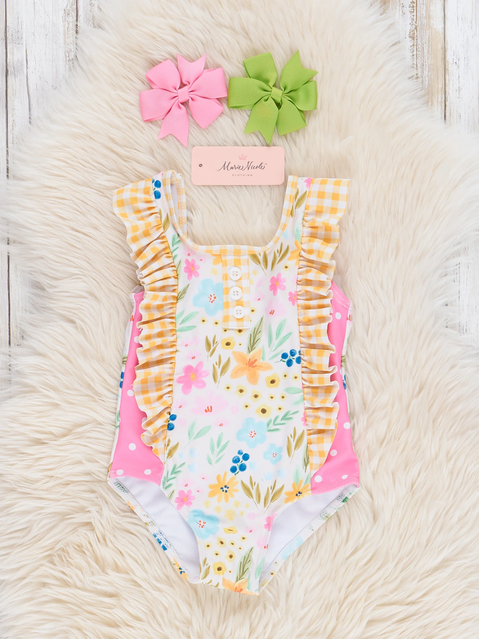 Pink Yellow Wildflowers Ruffle Swimsuit