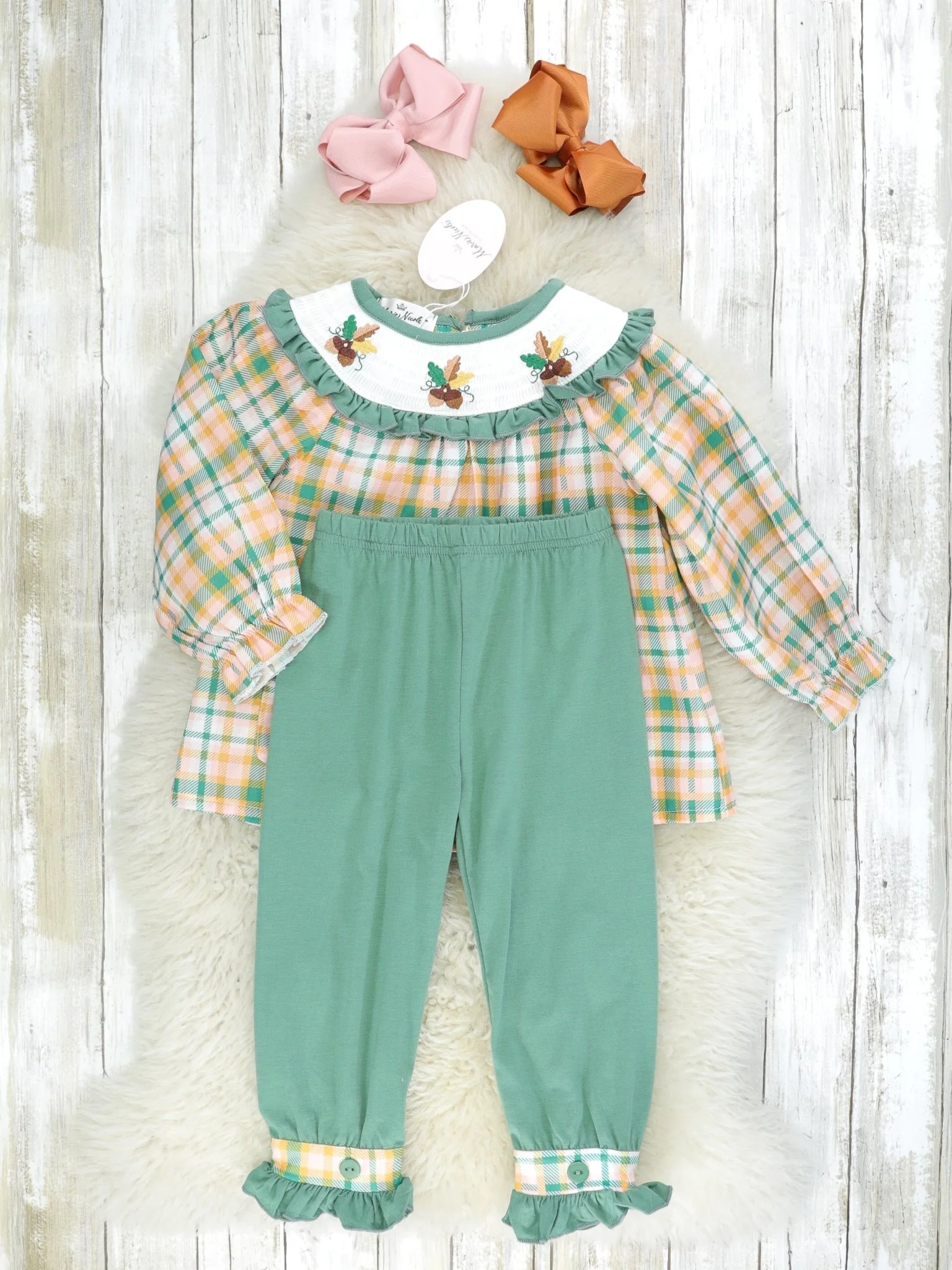 Plaid Acorn Smocked Ruffle Outfit - Image 2