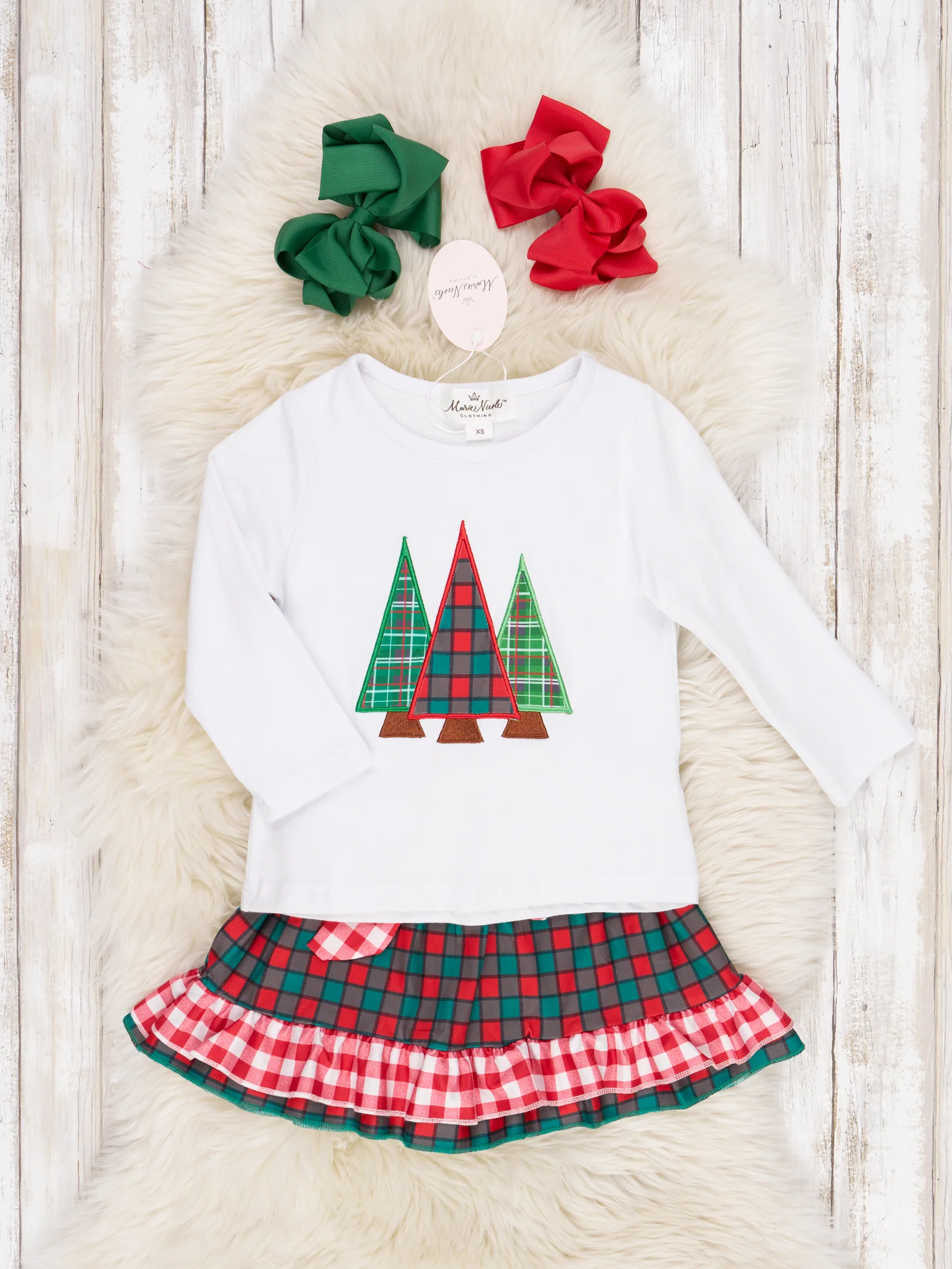 Plaid Christmas Tree Ruffle Skirt Outfit