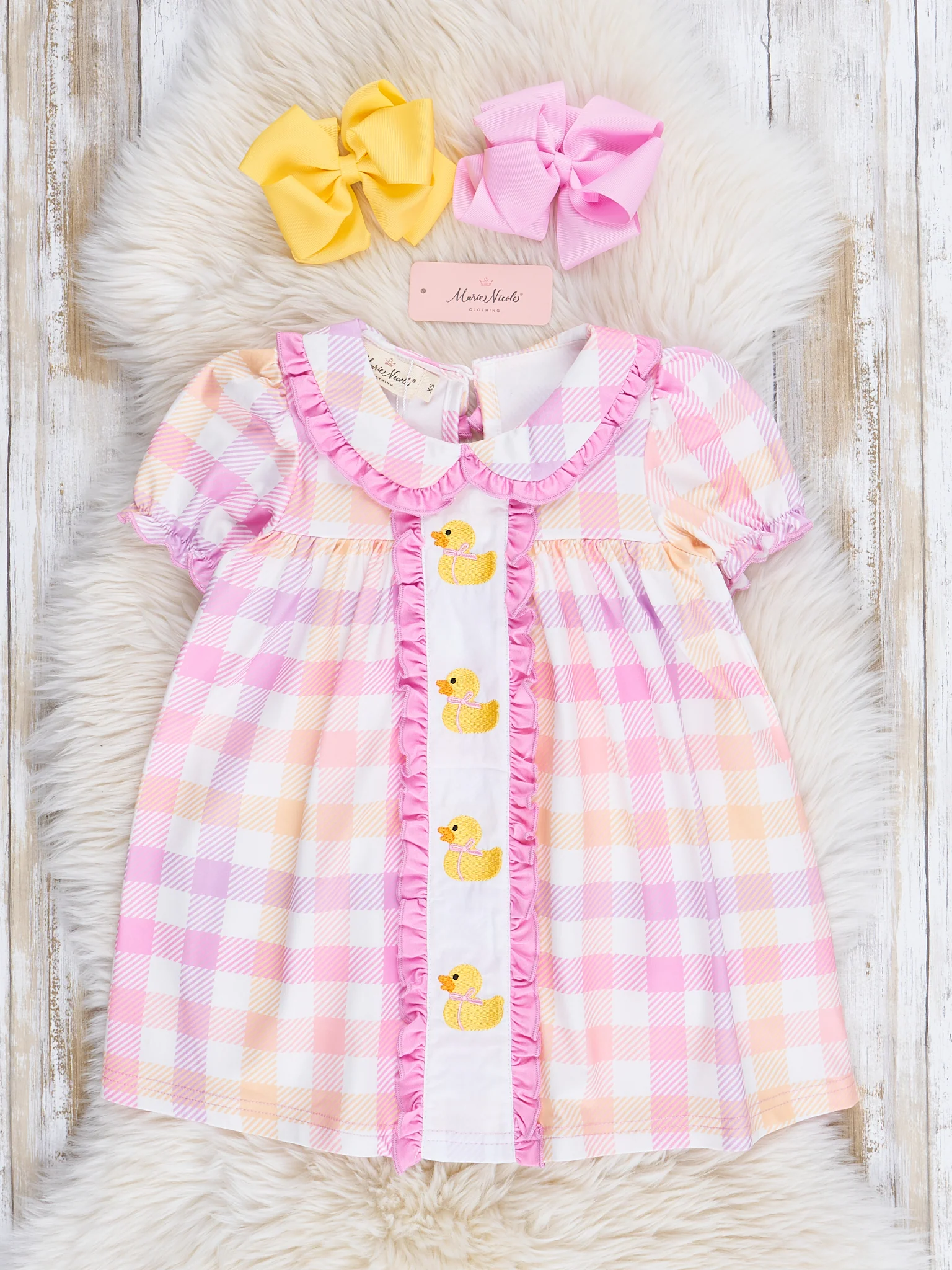 Plaid Embroidered Duckies Ruffle Dress