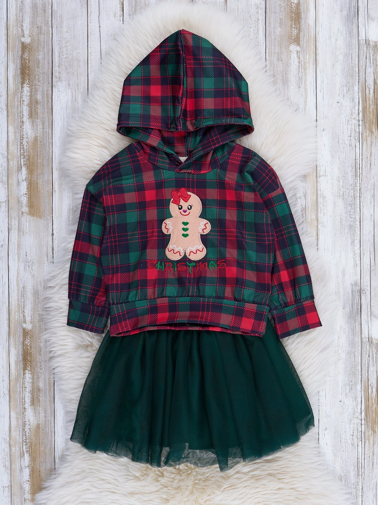 Plaid Embroidered Gingerbread Outfit w/ Tulle Skirt
