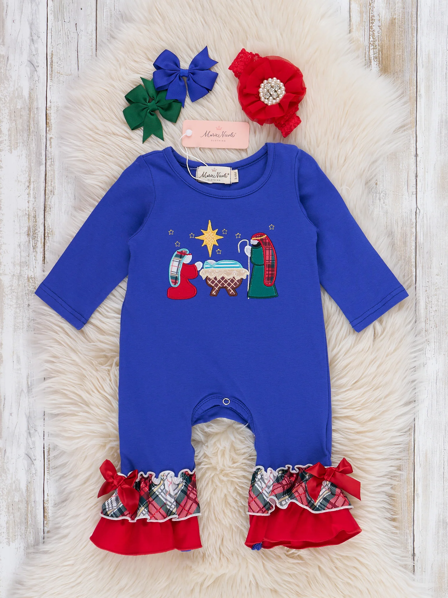 Plaid Embroidered Nativity Ruffle Romper