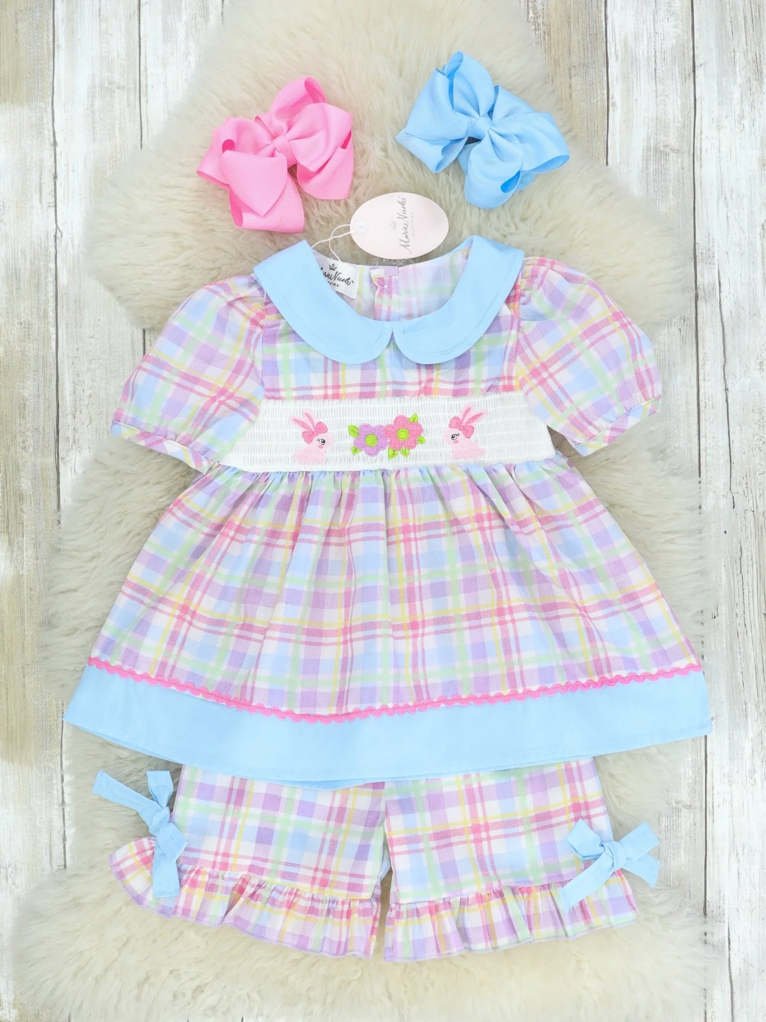 Plaid Pastel Smocked Bunnies Outfit