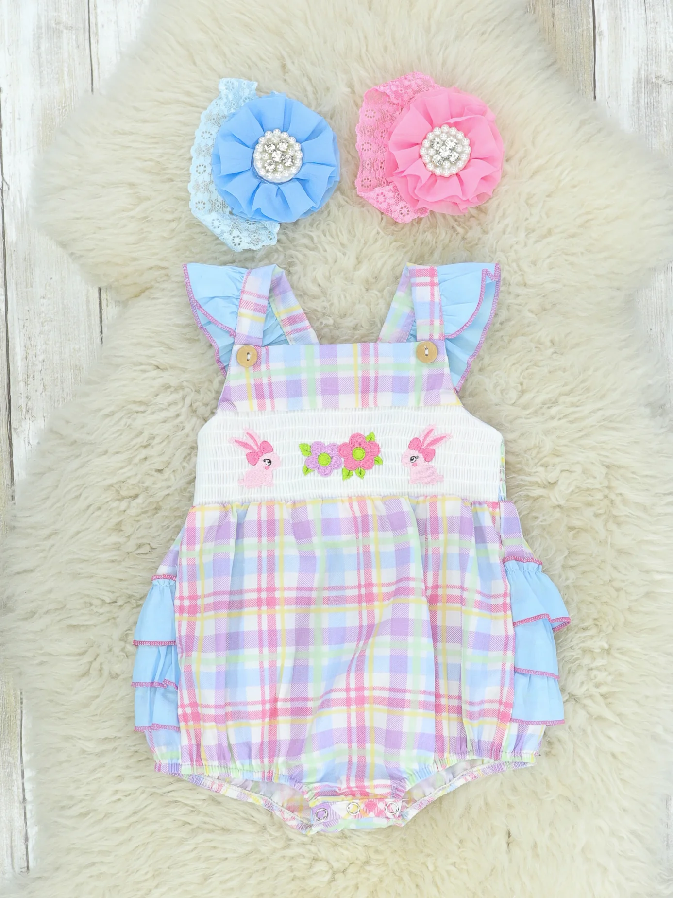 Plaid Pastel Smocked Bunnies Bubble Romper