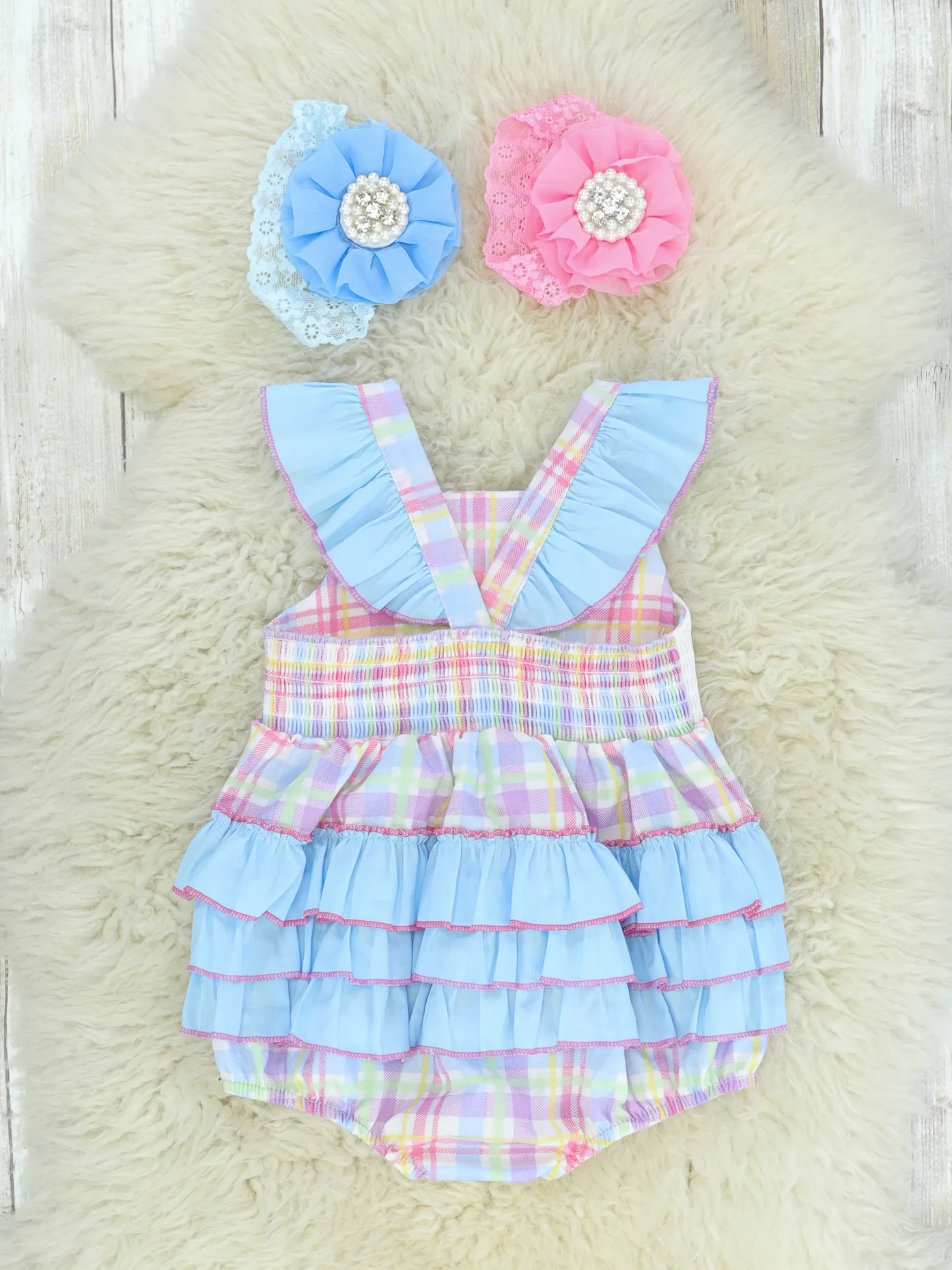 Plaid Pastel Smocked Bunnies Bubble Romper - Image 2