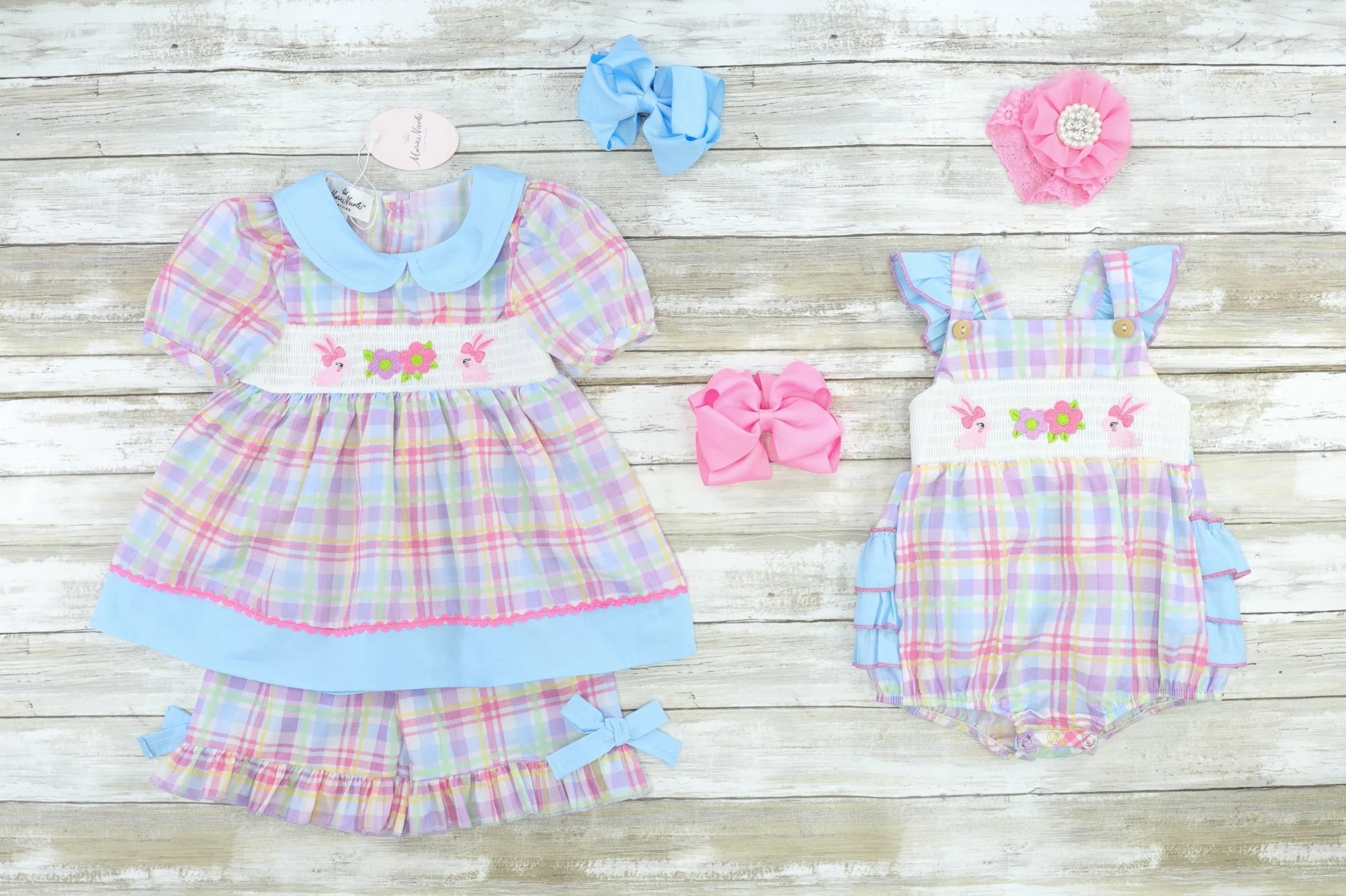 Plaid Pastel Smocked Bunnies Bubble Romper - Image 3