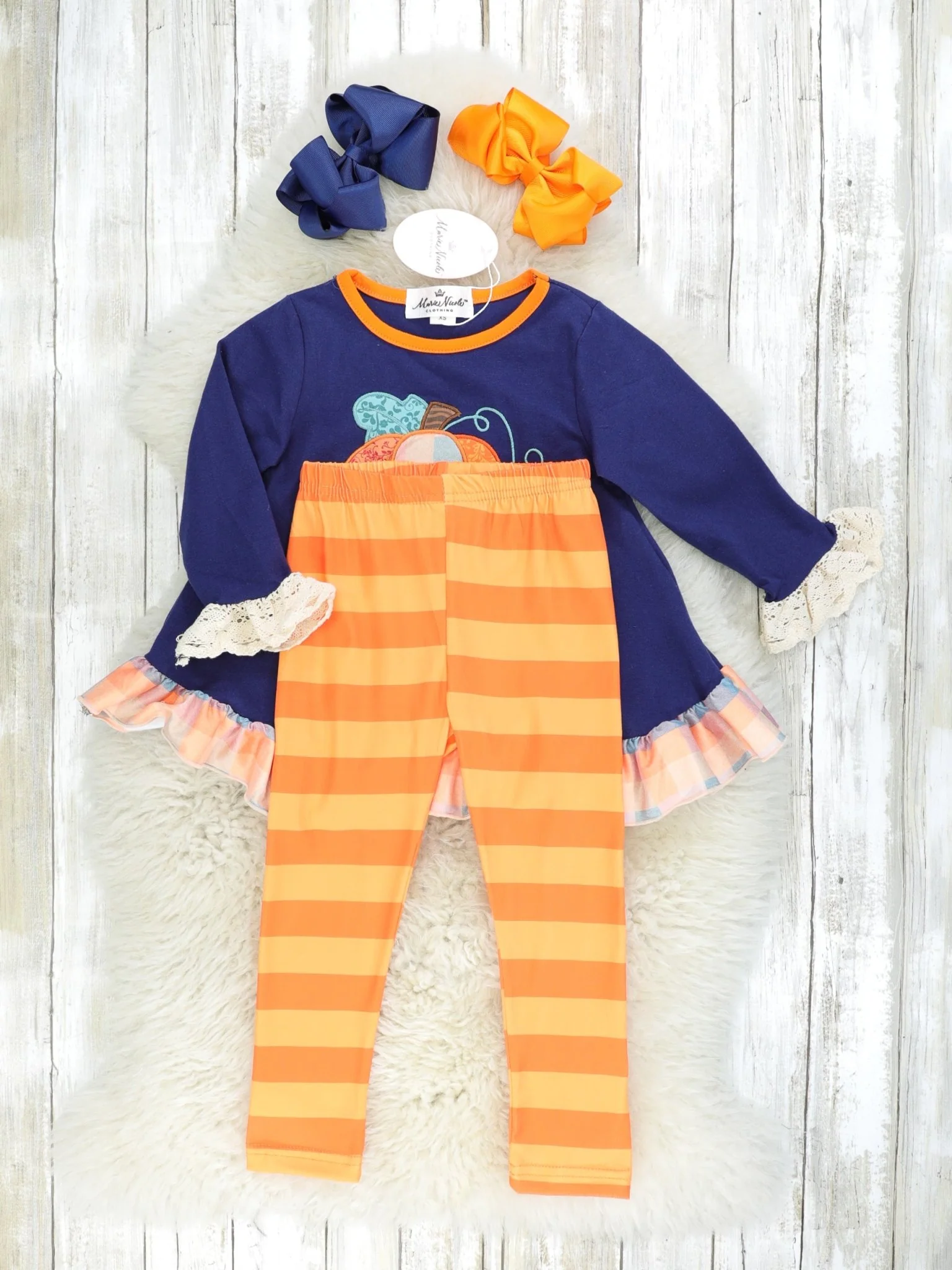 Plaid Pumpkin Ruffle Tunic & Striped Bottoms Outfit - Image 2