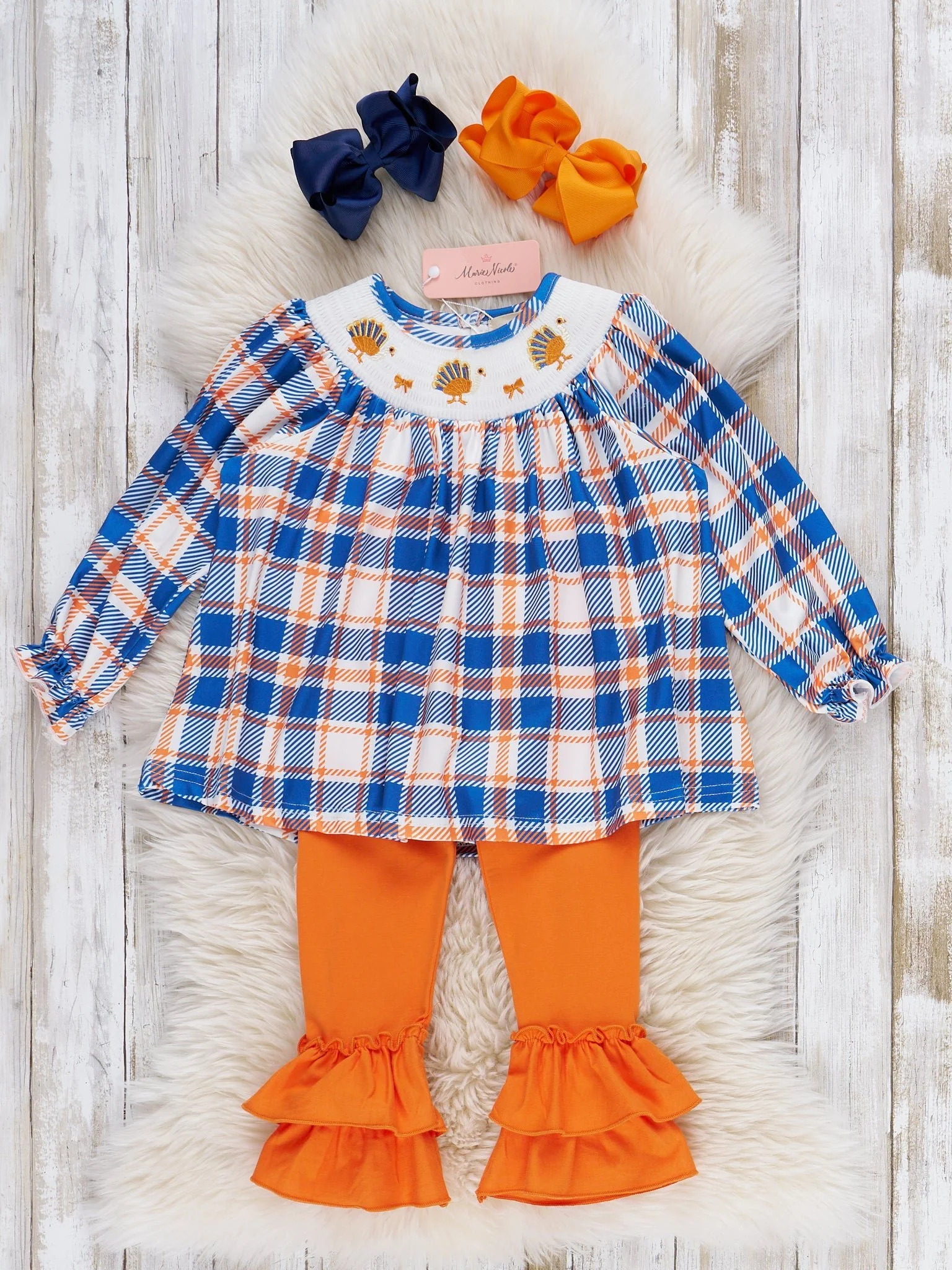 Plaid Smocked Embroidered Bows & Turkeys Outfit