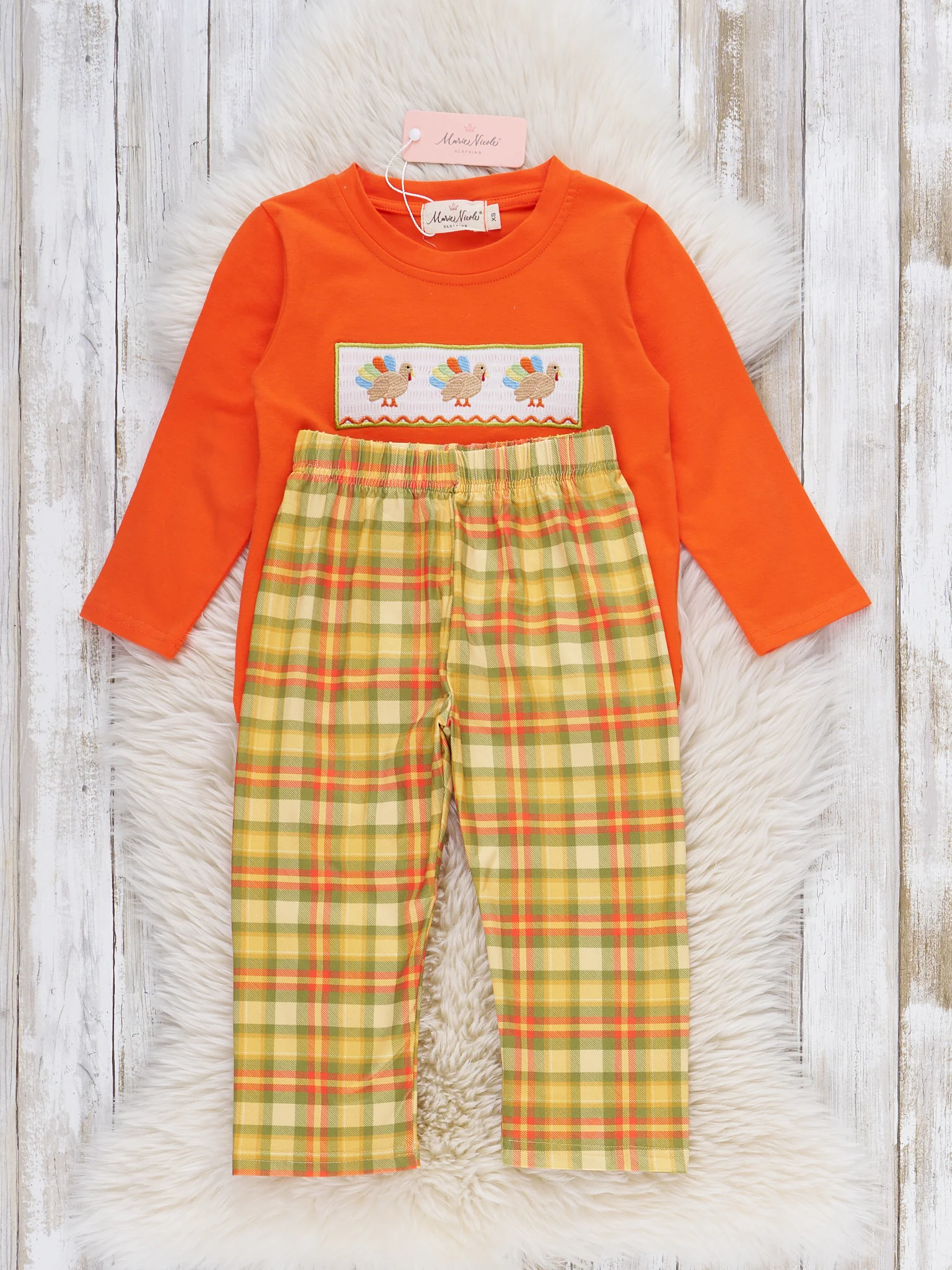 Plaid Smocked Embroidered Turkey Outfit - Image 2