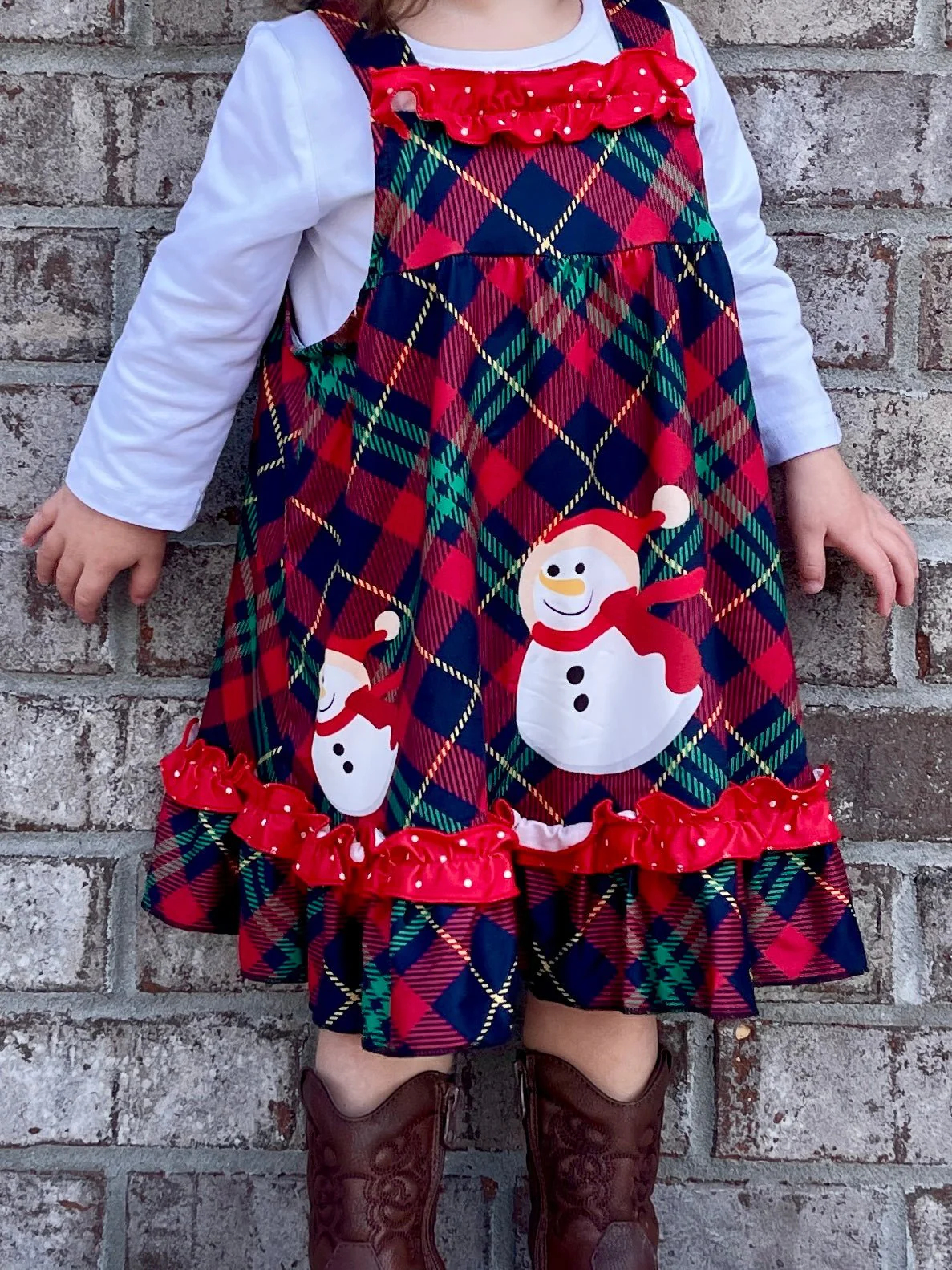 Plaid Snowman Ruffle Dress W/ White Top - Image 4