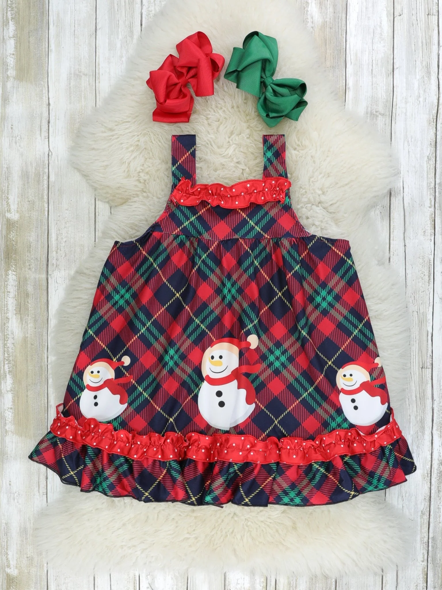 Plaid Snowman Ruffle Dress W/ White Top - Image 5