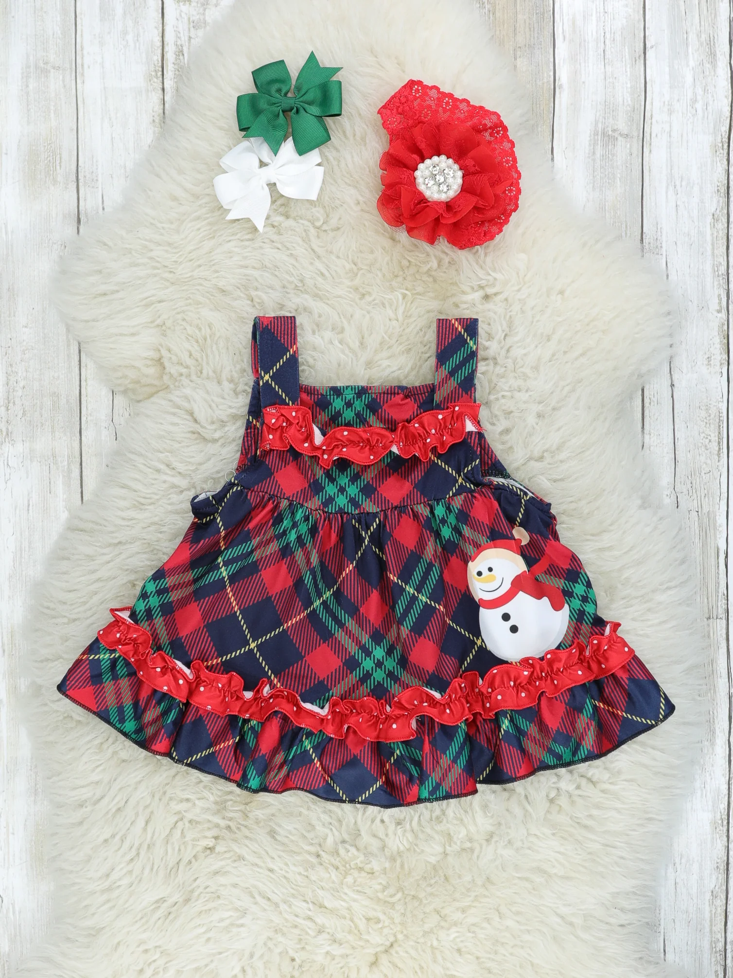 Plaid Snowman Ruffle Romper W/ White Top - Image 3