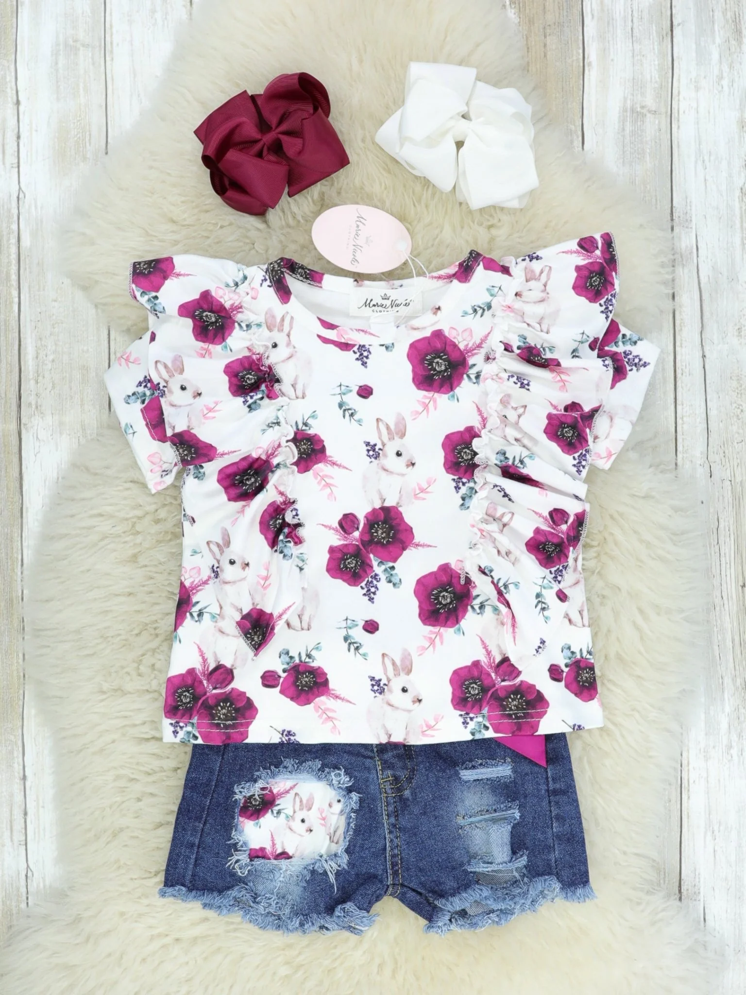 Plum Floral Bunny Ruffle Top & Distressed Denim Shorts - Image 2