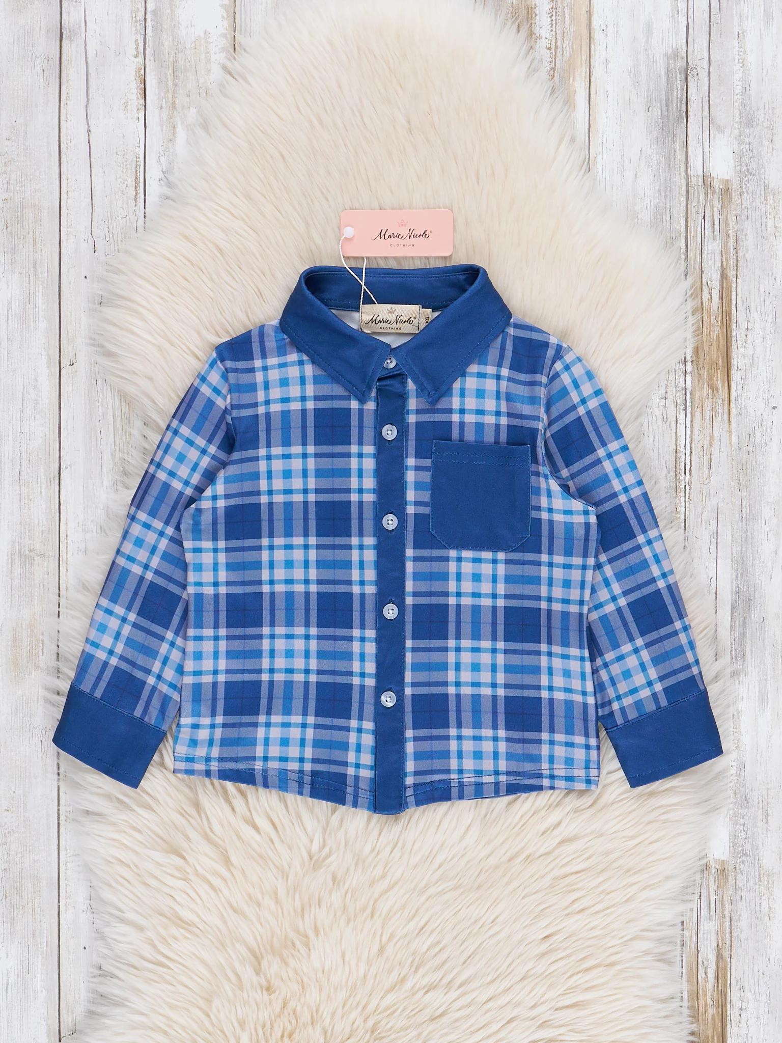 Pocket Button Up Plaid Shirt- Blue - Image 2