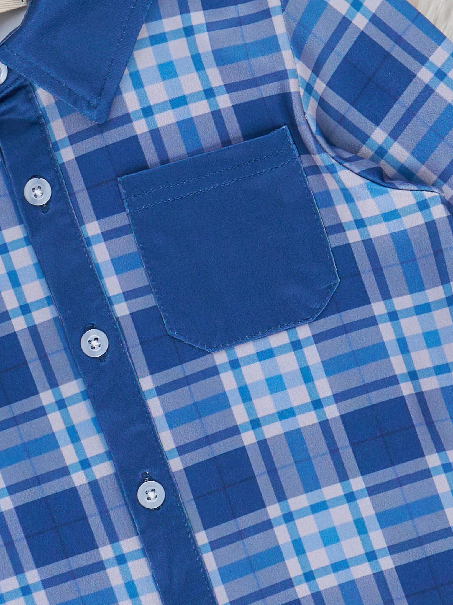 Pocket Button Up Plaid Shirt- Blue - Image 3
